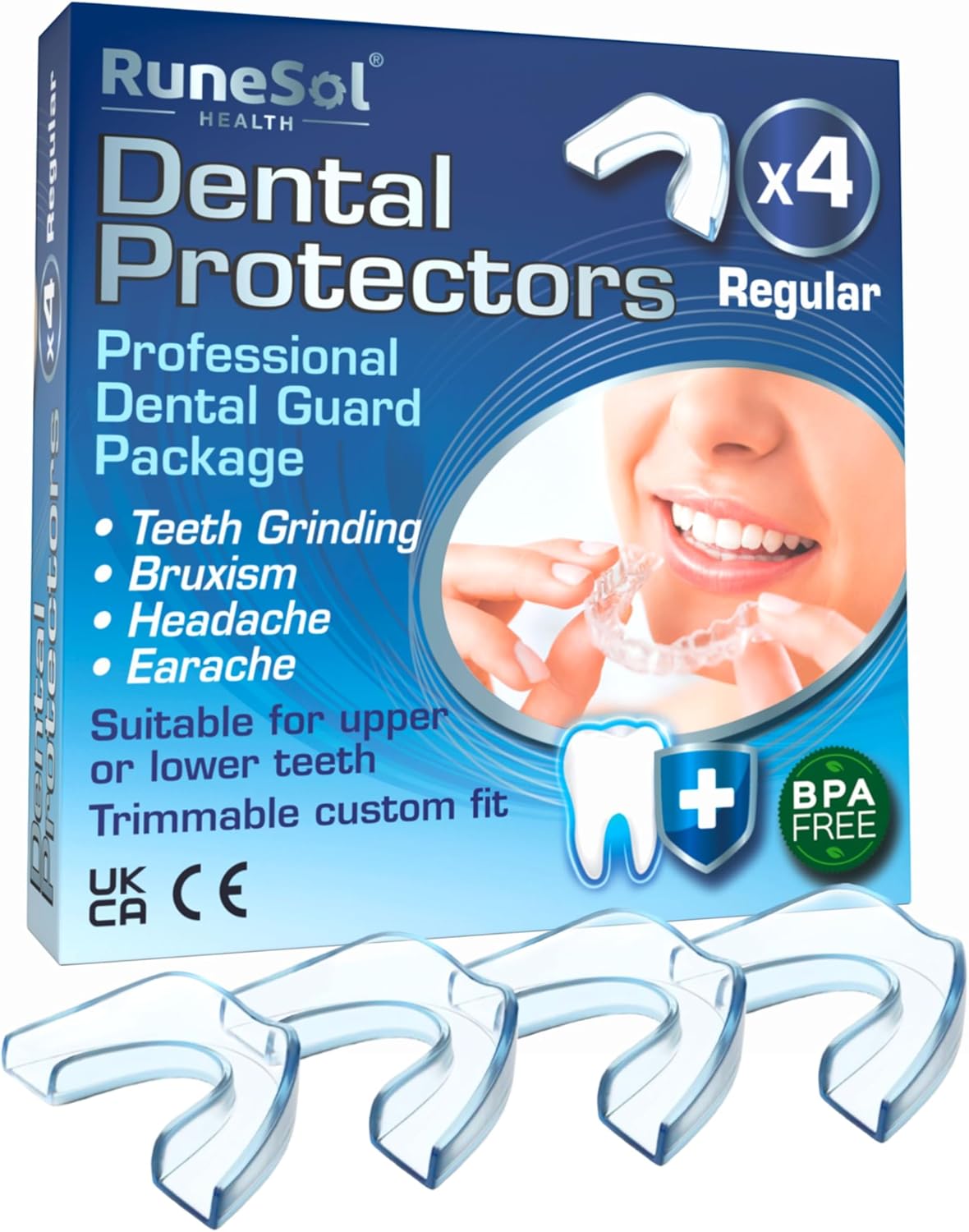 Runesol Mouth Guard for Teeth Grinding, 4 x Regular, Gum Shield for Teeth Grinding, Bruxism Mouthguard, Night Tooth Guard for Adults,Stop Grinding Teeth Dental Protector,Class 1 Medical Device UKCA CE