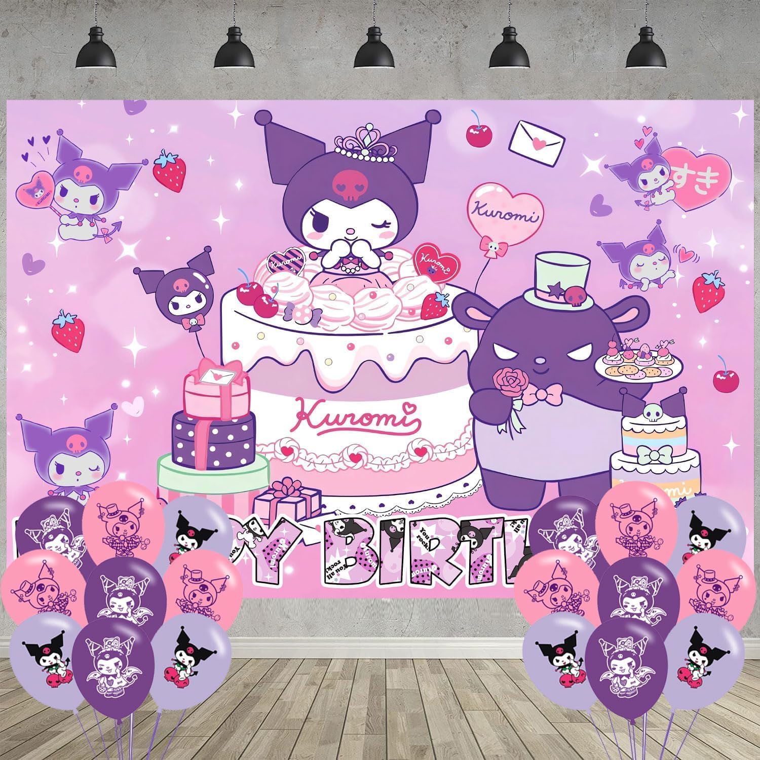 Kuromi Birthday Party Decoration,Kawaii Party Photo Background 5 x 3 FT and 18 Pcs Balloon,Kuromi Merch Party Backdrop Supplies