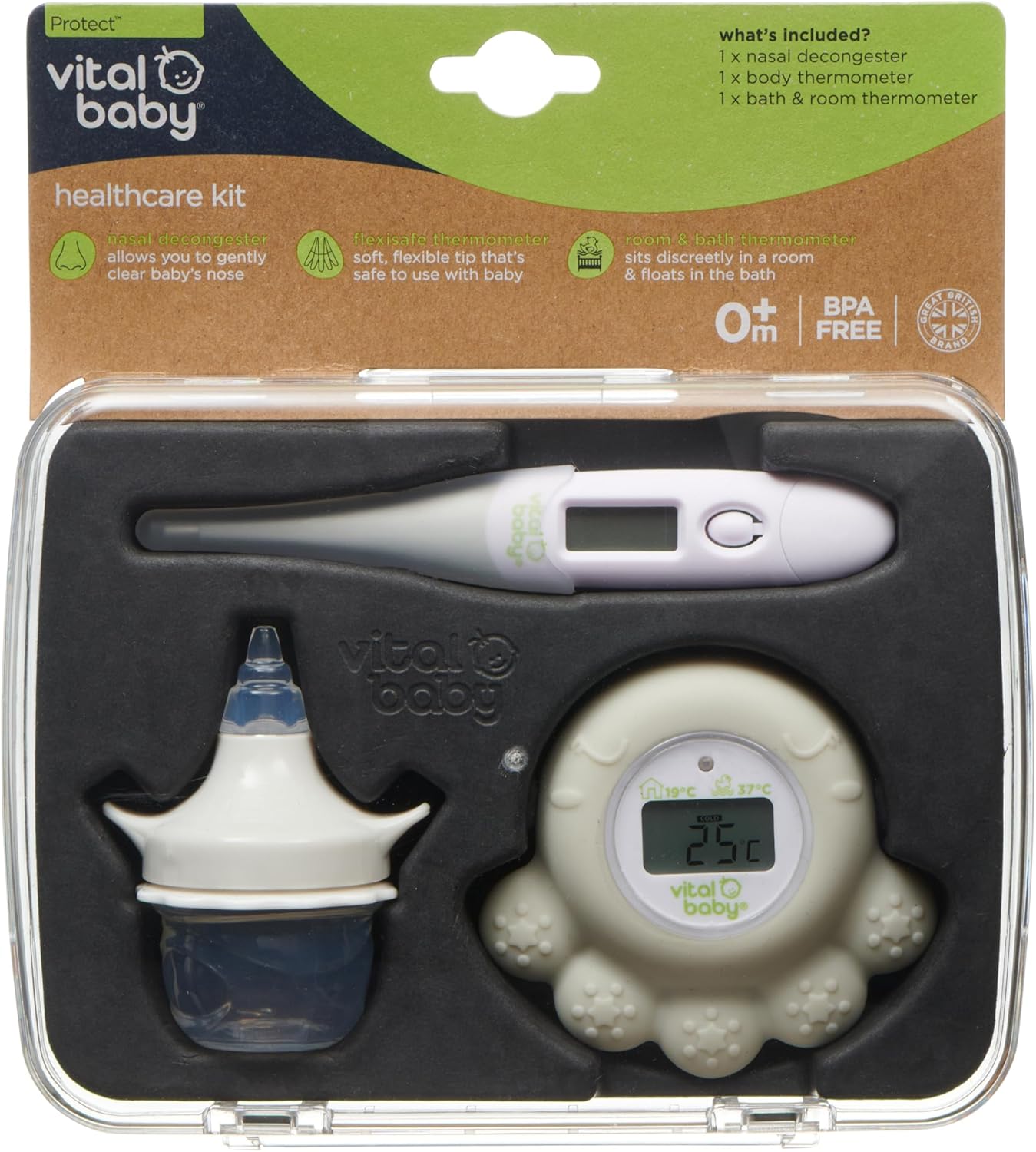 Vital Baby PROTECT Healthcare Kit for Baby - 3pcs Room and Bath Thermometer, Nasal Aspirator, Body Digital Thermometer – Essential Newborn Baby Health and Safety