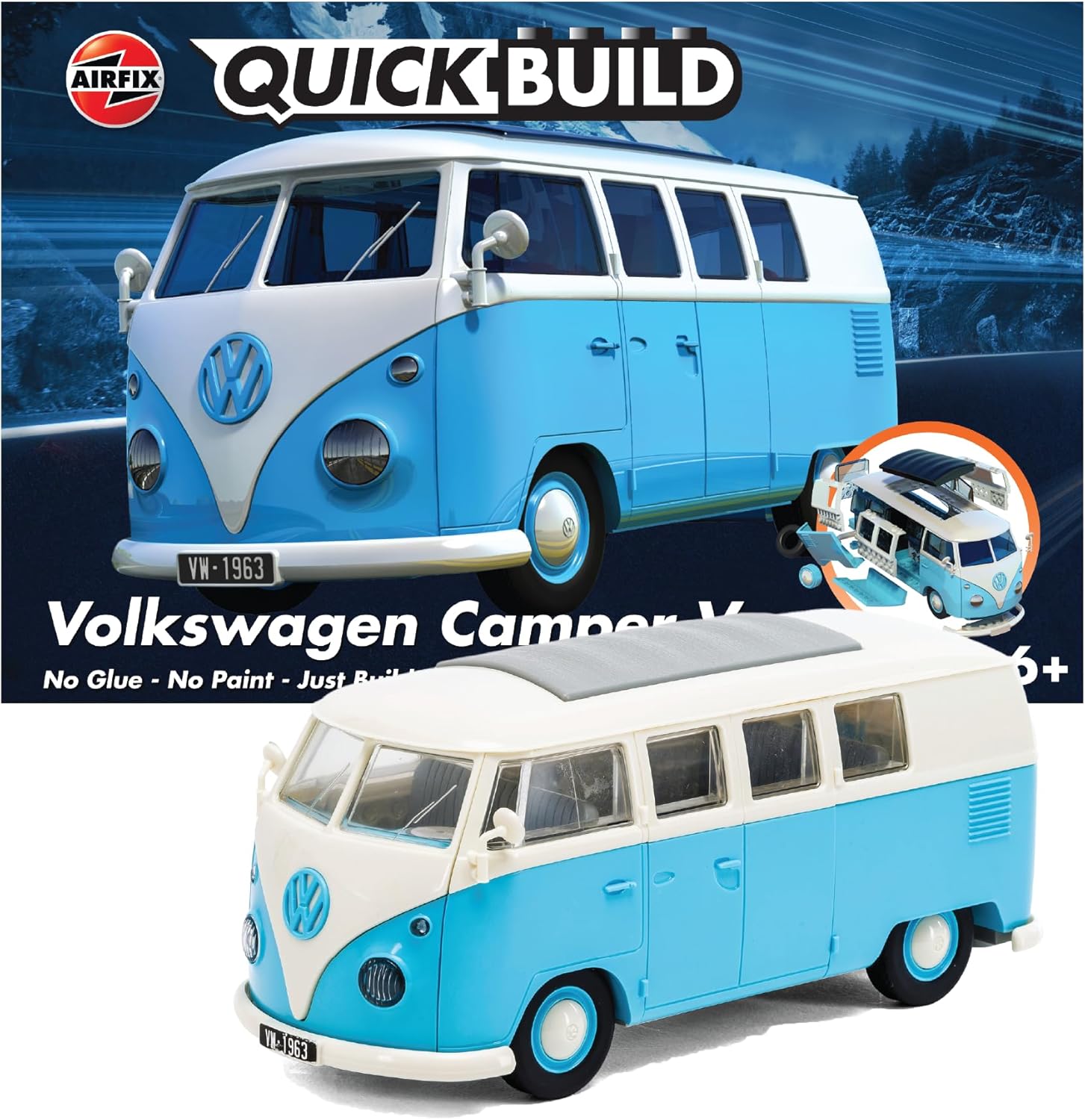 Airfix QUICKBUILD Model Car Kit - VW Camper Van Blue Car Building Kit for Kids 6+, Construction Toys for Boys & Girls, No Glue Model Making - Classic Car Gifts Plastic Model Kits