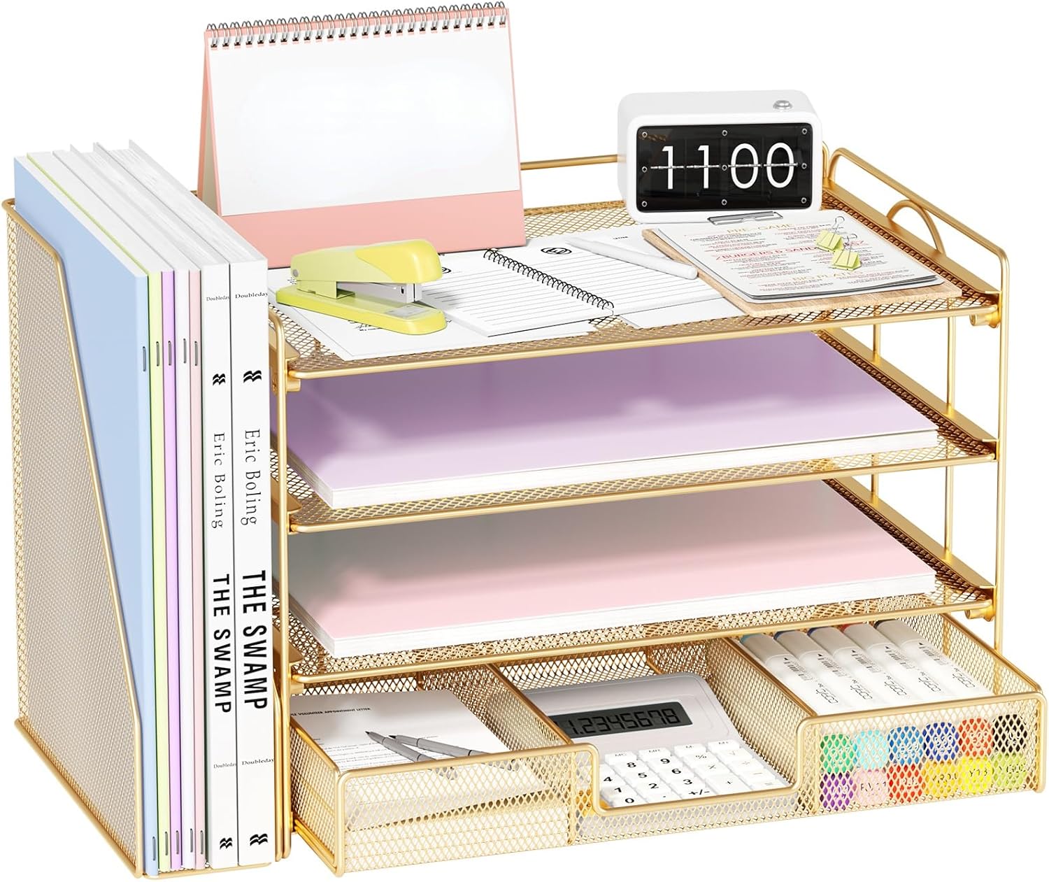 File Desk Organizers and Accessories - Paper Letter Tray Organizer with Removable File Holder+ Drawer, Office Desktop Workspace File Organizer for Office Supplies Desk Accessories(Gold)