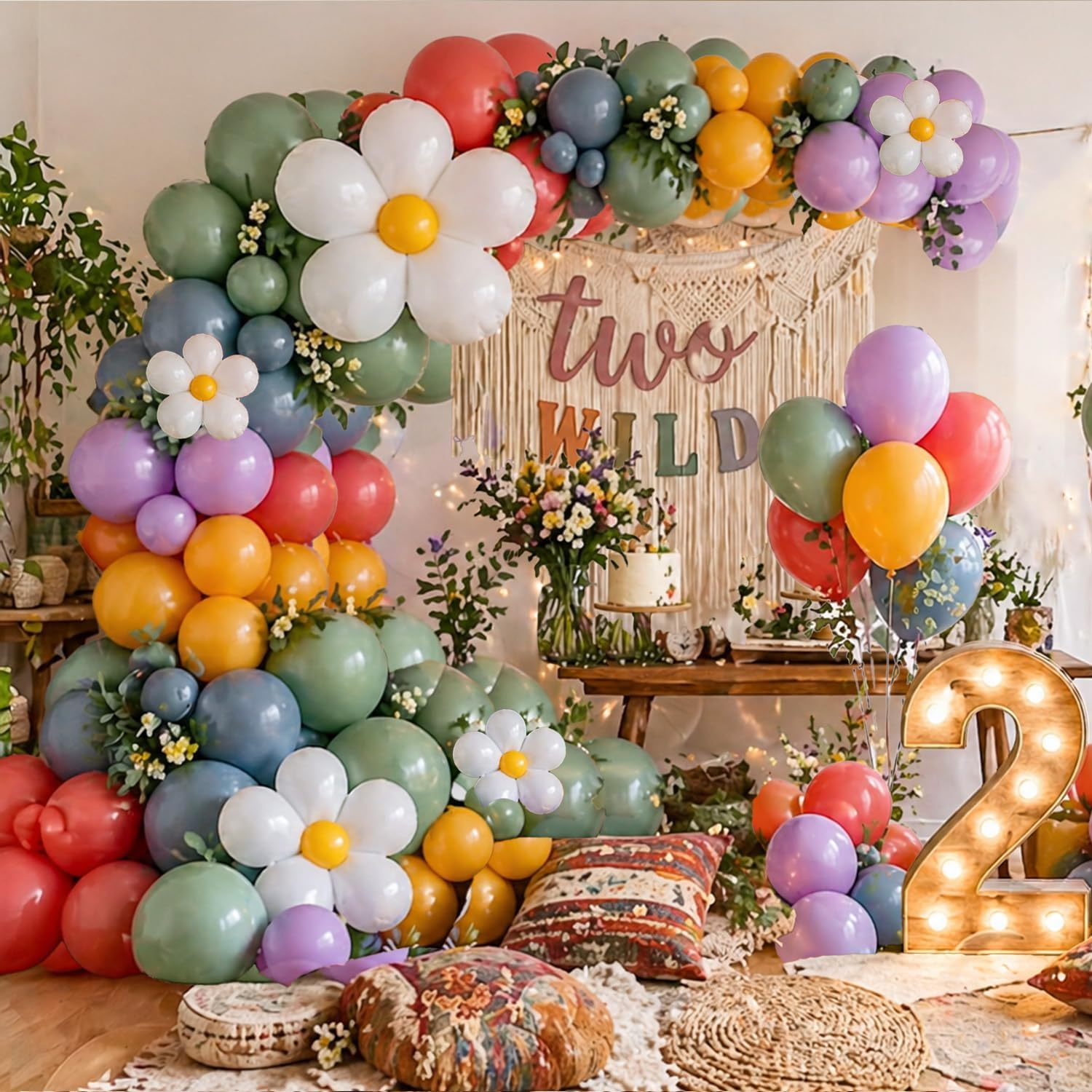 Daisy Balloon Garland Arch Kit, 163 Pcs, Pastel Multicolor, Latex, 5 Inch, 10 Inch, 18 Inch, Boho Floral Birthday Party Decorations