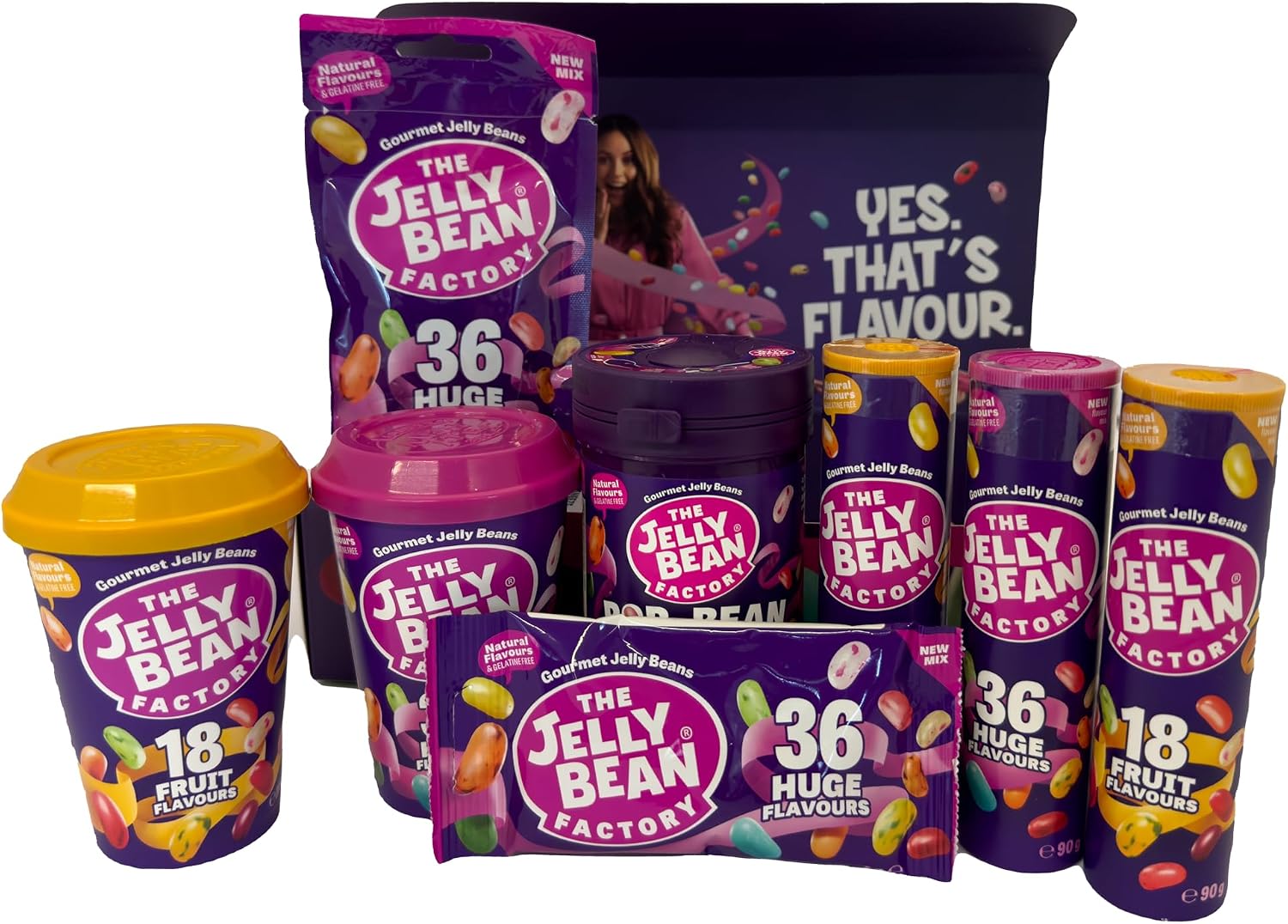 The Jelly Bean Factory Selection Box with Pop-A-Bean Tub - 933g x 1 | 36 Gourmet Mix | 18 Fruit Flavours Mix | Gluten and Gelatine Free | Gifting Candy