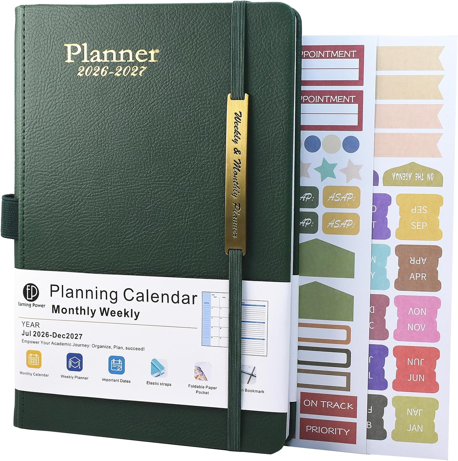 Diary 2026-2027 - 18 Month From Jul. 2026 to Dec.2027, A5 Week to View Diary, Weekly & Monthly Planner with Leather Cover, Pen Loop, Inner Pocket (Green)