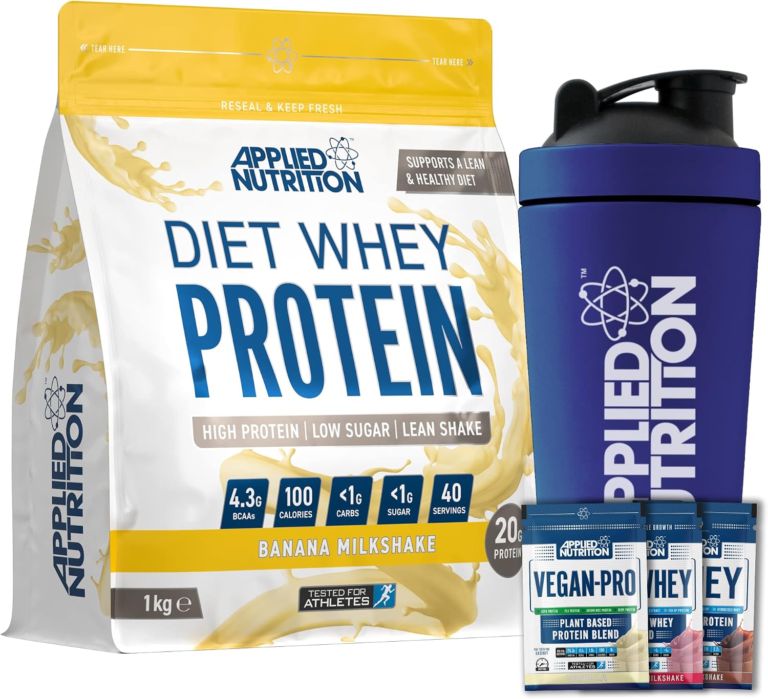 Applied Nutrition Diet Whey 1kg Bundle - Diet Whey High Protein Powder + 5 Sample Bundle + 750ml Steel Protein Shaker | Low Carb & Sugar, Weight Management Shake, 40 Servings (Banana)