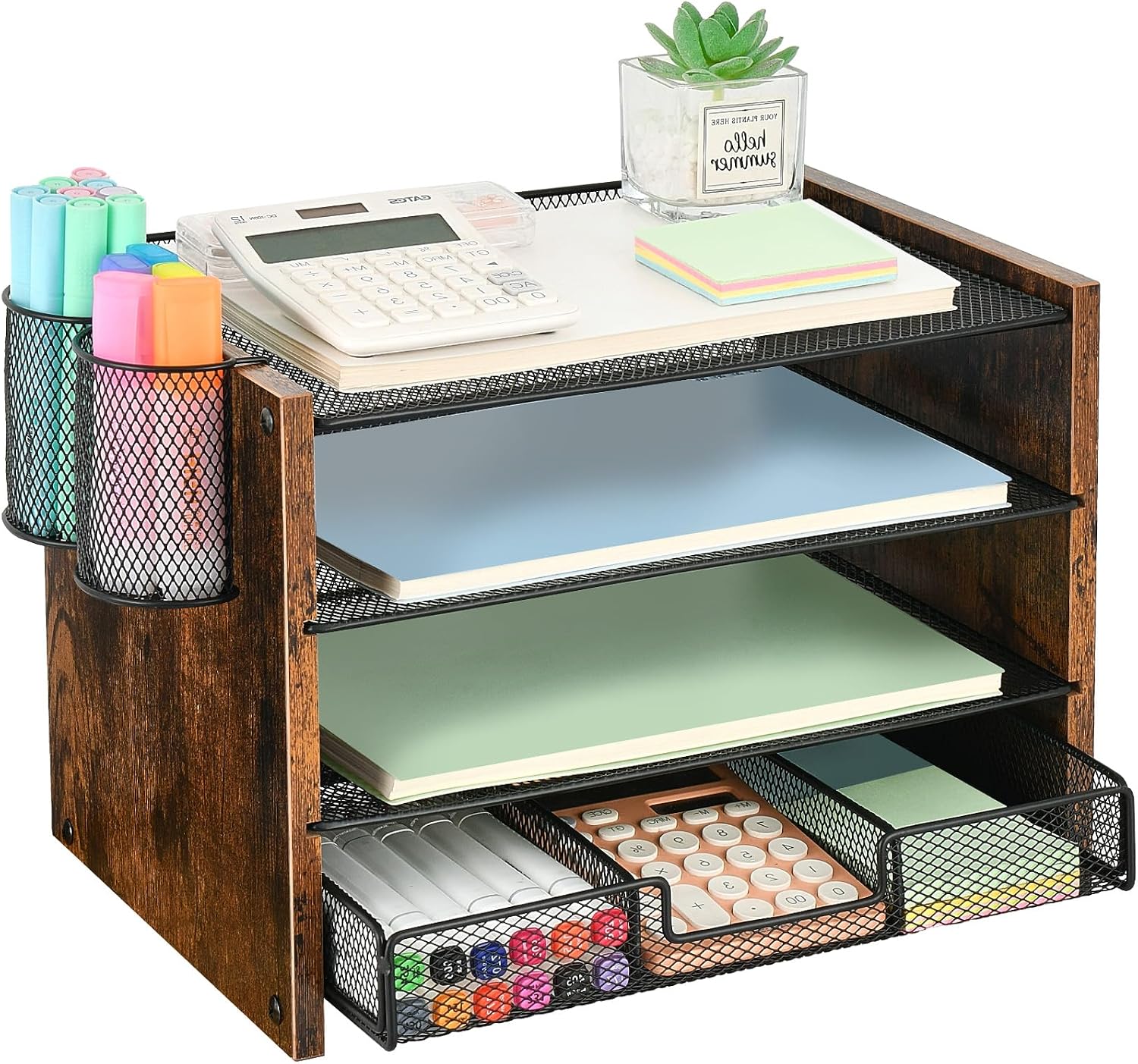 OPNCIE Desk Organizer with Drawer and Pen Holder, Office Desk Organizer Accessories, 4-Tier Paper Letter Tray File Organizer, Workspace Storage Desktop Organizer for Home Office Supplies Decor(Brown)