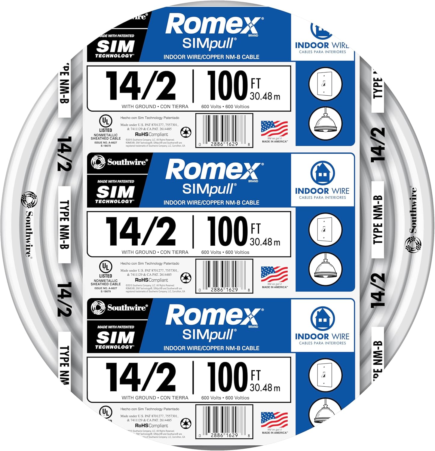 Southwire Romex Brand Simpull Solid Indoor 14/2 W/G NMB Cable 100ft Coil - SW# 28827423