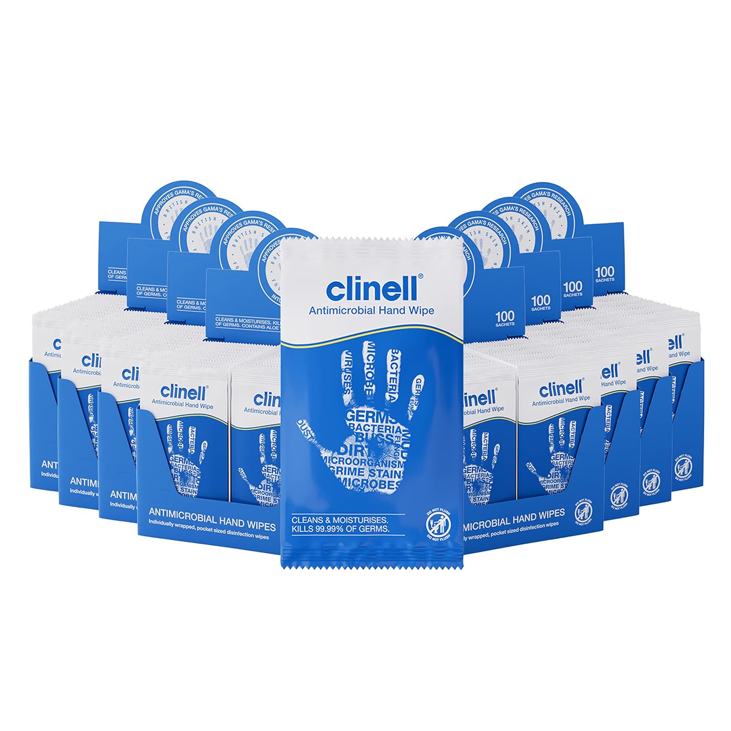 Clinell Antimicrobial Hand Wipes - Pack of 8 - 100 Individually Wrapped Sachets per Pack (800 Wipes) - Sanitising Wipes, Ideal for Travel - Dermatologically Tested, Kills 99.99% of Germs