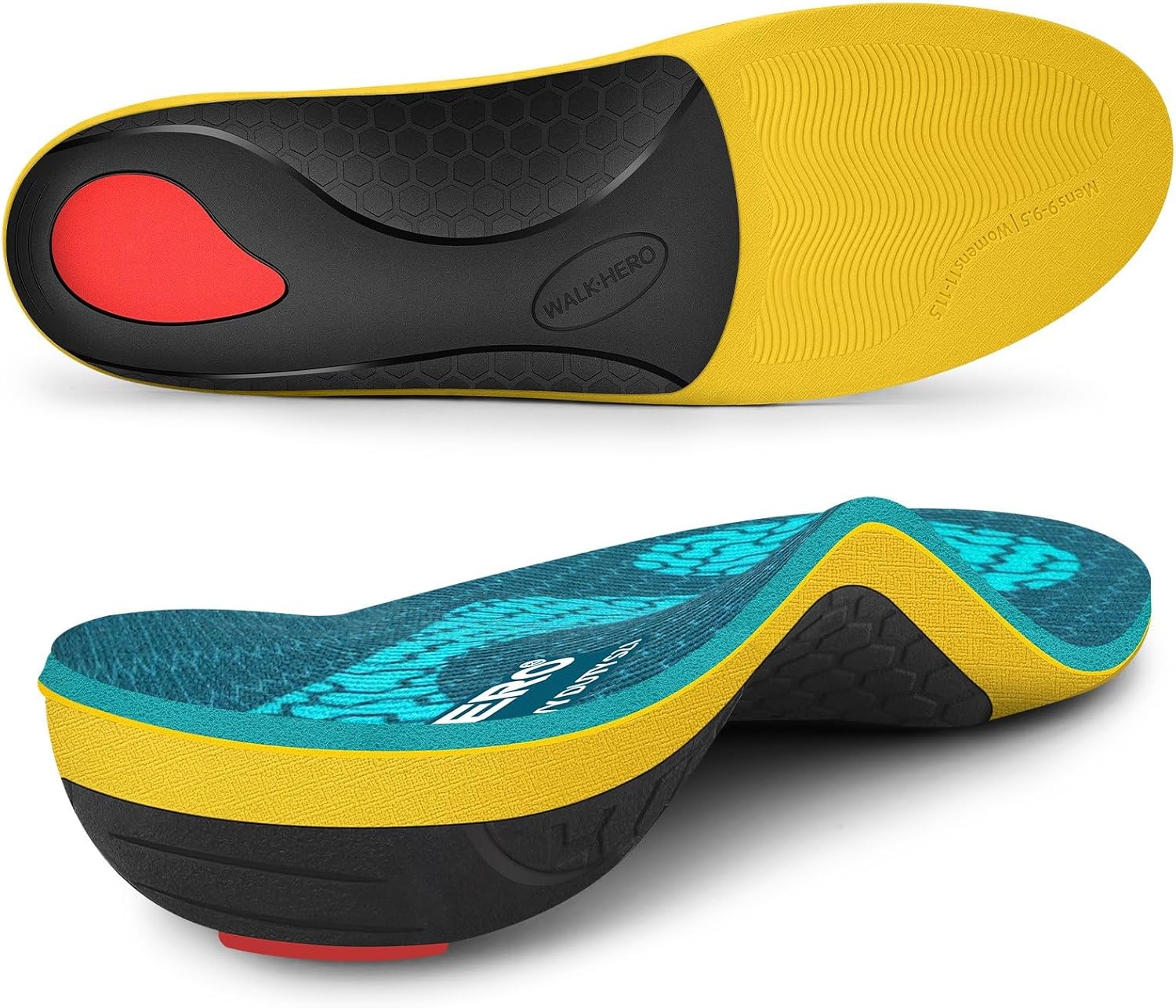 WalkHero Heavy Duty Plantar Fasciitis Insoles, 220+lbs Strong Arch Support Orthotics Inserts Relieve Pain, Work Boot Shoe Inserts (Mens 7-7.5 | Womens 9-9.5, Coral Green)