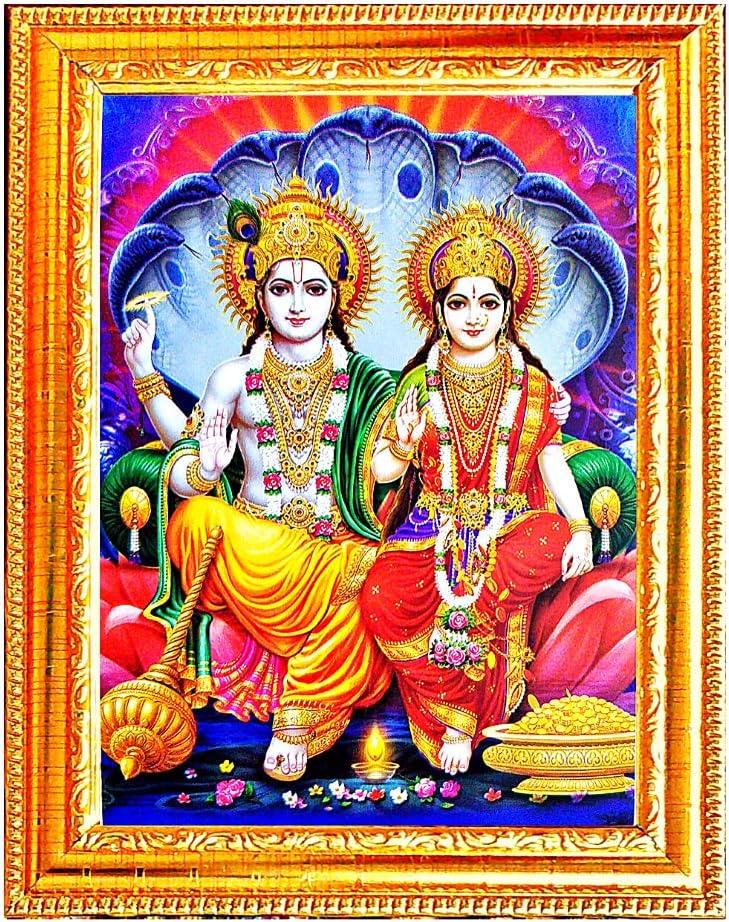 Suninow Vishnu laxmi Photo with Frame | God Goddess Religious Framed Painting for Wall and Pooja/Hindu Bhagwan Devi Devta Photo Frame/God Poster for Puja (Vishnu laxmi)