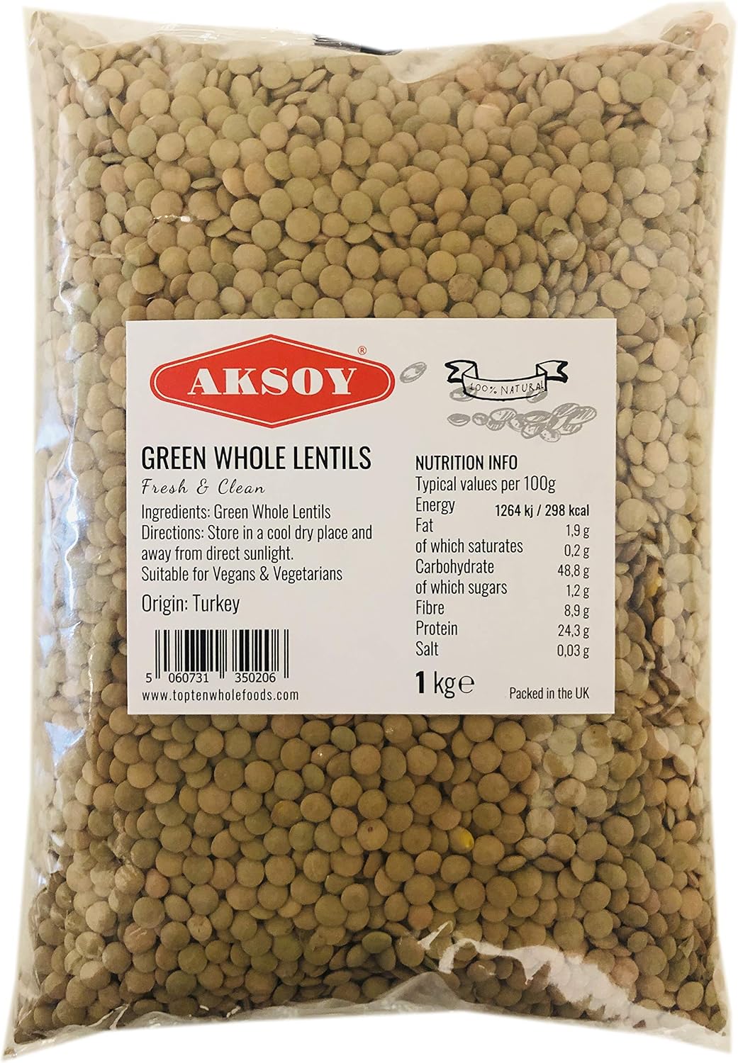 Aksoy Green Whole Lentils 1KG – Nutty Flavour and Firm Texture Perfect for Soups, Stews, Curries, Salads, and Side Dishes – Ideal Staple for Everyday Cooking (Packaging May Vary)