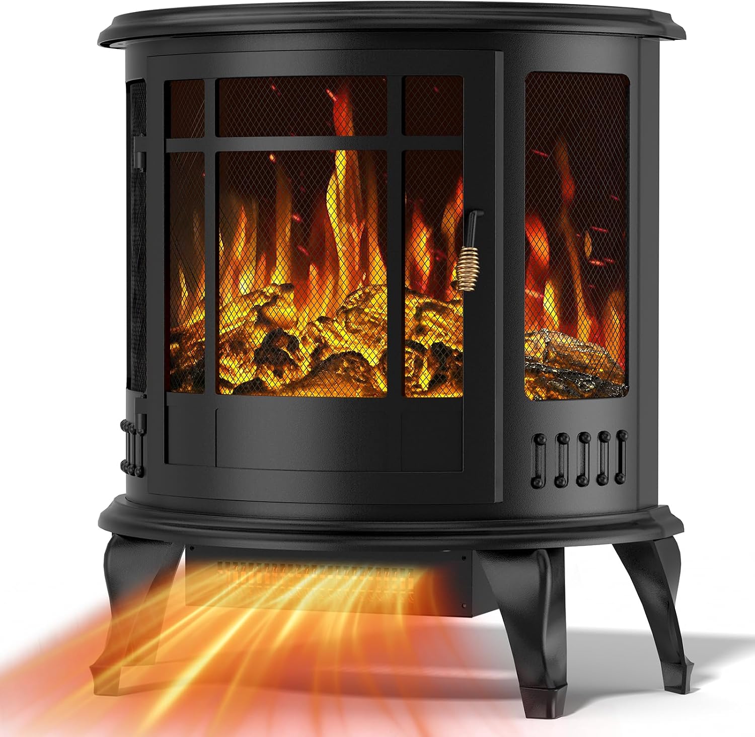 BREEZEHEAT Electric Fireplace Stove-Oval Freestanding Fireplace Heater w/ 3D Flame, Thermostat Control, 1500W Quiet Heating, Portable Fireplace for Indoor Use, Overheating Protection, Black, 25 inch