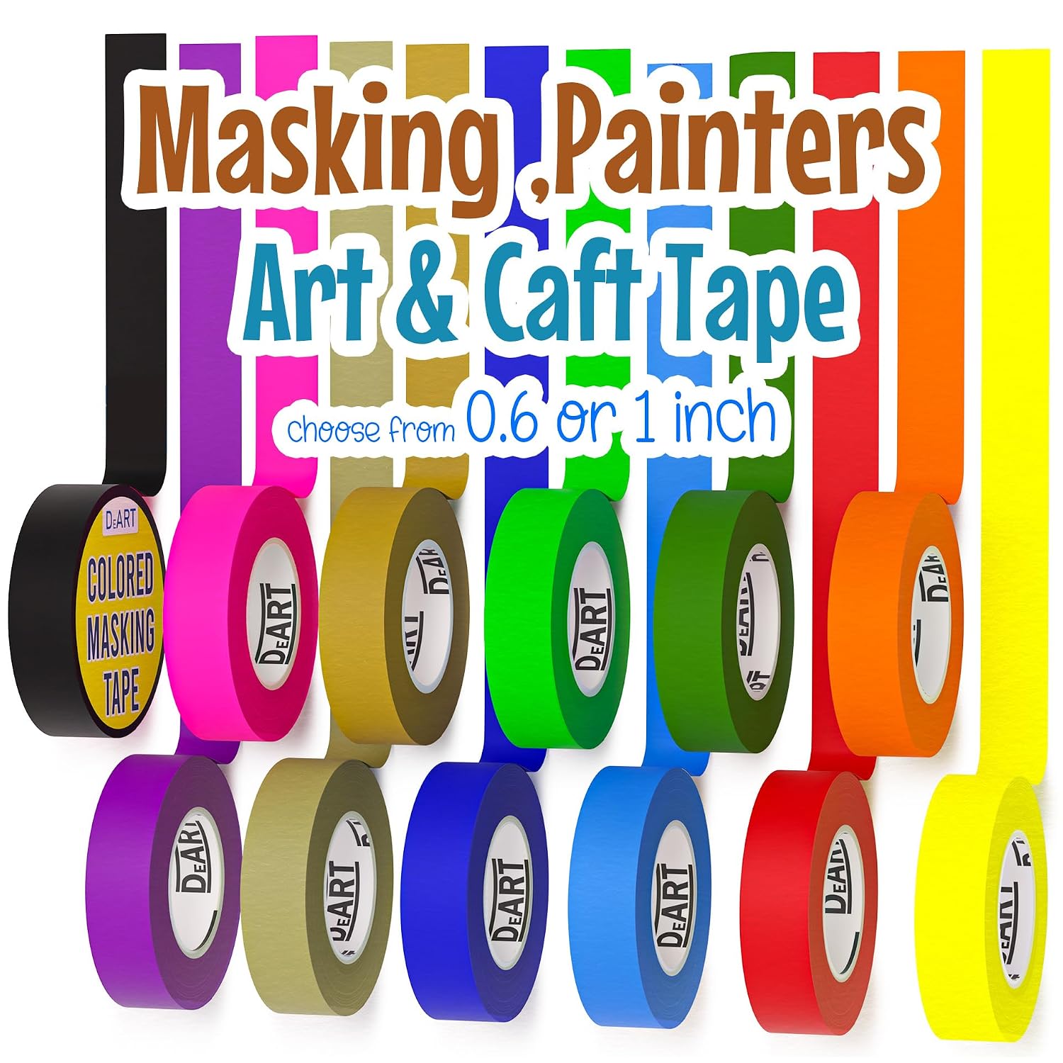 Colored Masking Tape Painters Tape 12 or 8 Pack 1 inch or 0.6 Inches Kids Arts Craft Supplies Coding Whiteboard Dry Erase Board Tape Thin Paper Tape Paint Tape No Residue Easy Removal DIY Crafts Arts