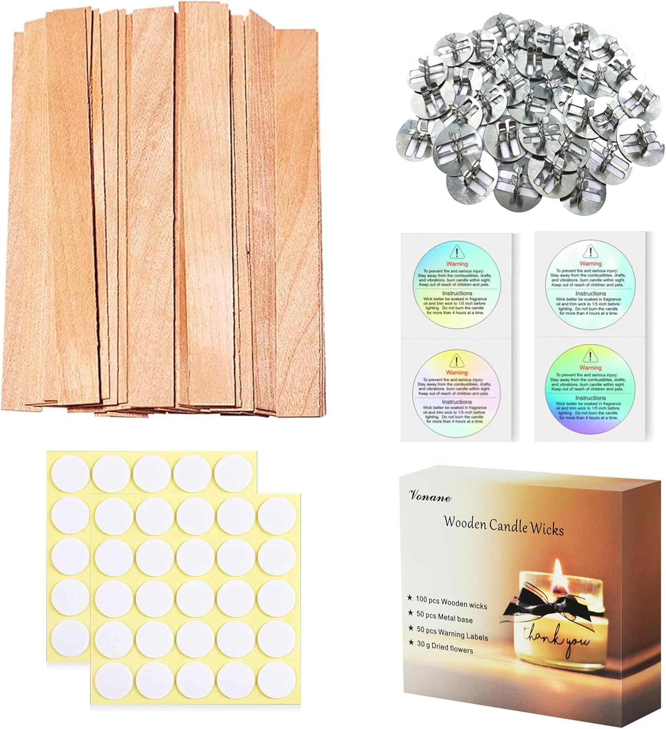 200 Pcs Thicked Wood Candle Wicks for Candle Making, 5.1 X 0.59X 0.06 Inch Upgrade Wood Wicks, Wooden Wicks Gift Box Includes Iron Stander, Glue Dot, and Warning Labels (50 Sets)
