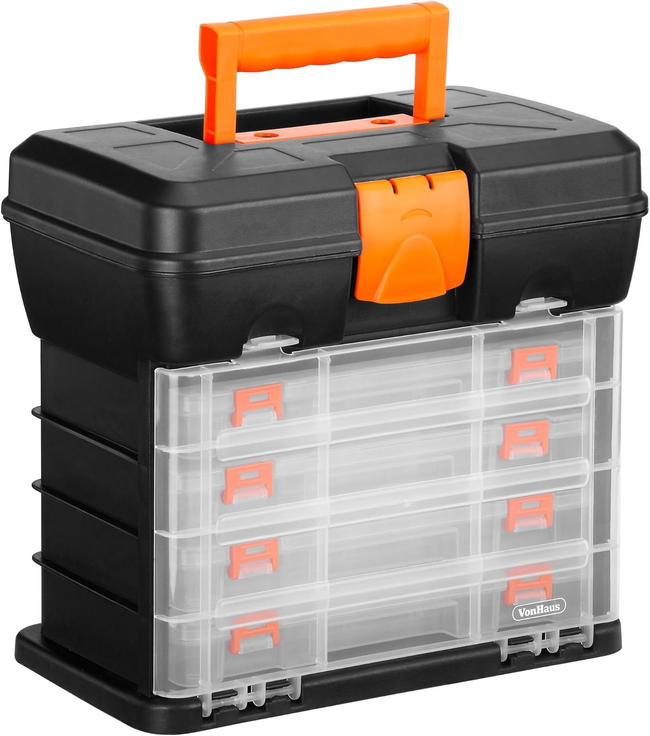 VonHaus Multi-purpose Fishing Tackle Storage Box, Crafts or Tool Organizer - 4 Removable Trays & Adjustable Dividers (10.9 x 10.1 x 6.9 inches - Black/Orange