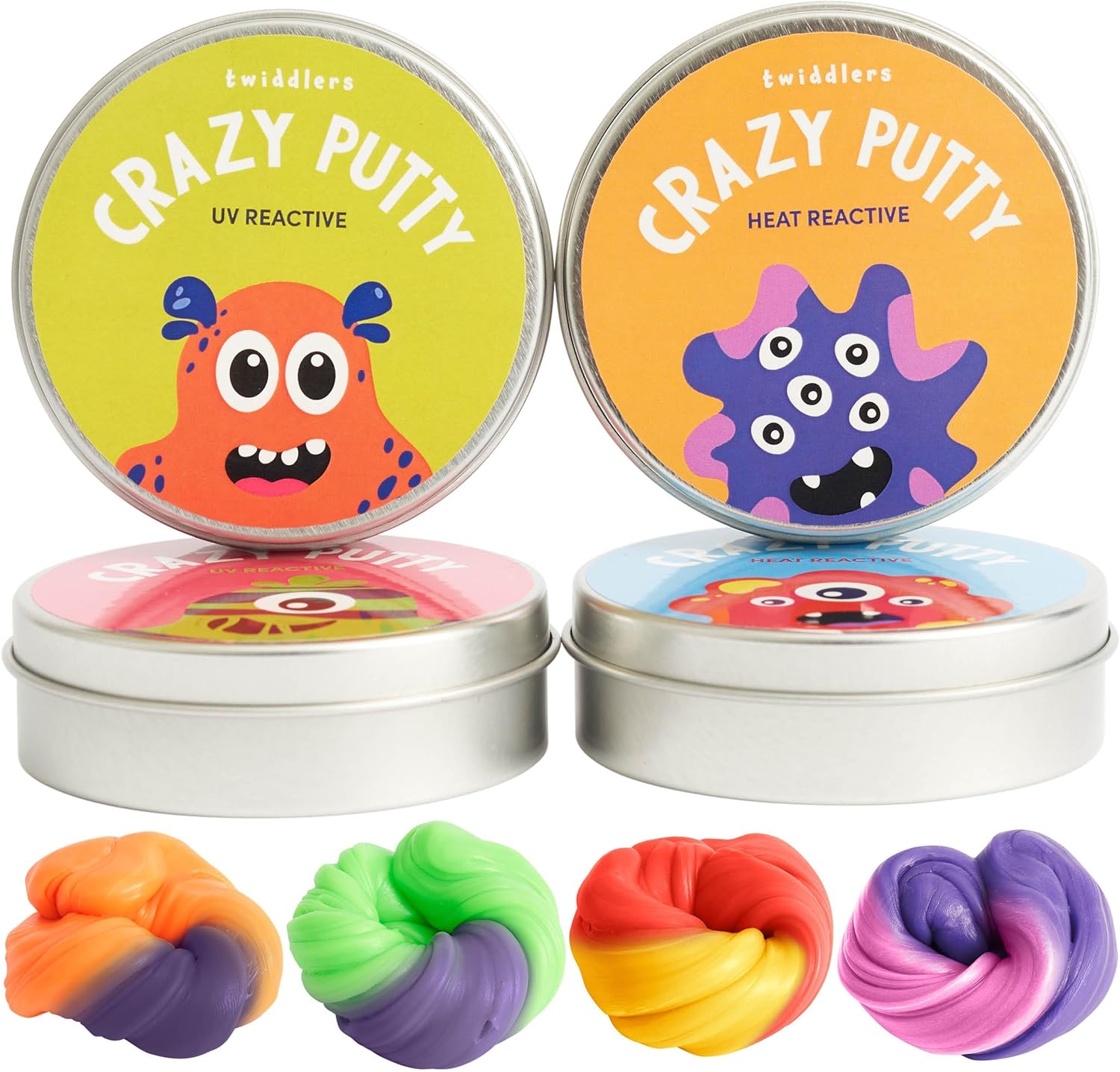 THE TWIDDLERS - 4 Smart Colour Changing Putty, Heat Reactive Slime in Lid Pots with 4 Mini UV Torch - Premium Kids DIY Slime, Art Activity Toy Gift Set for Party Favours Bag Fillers