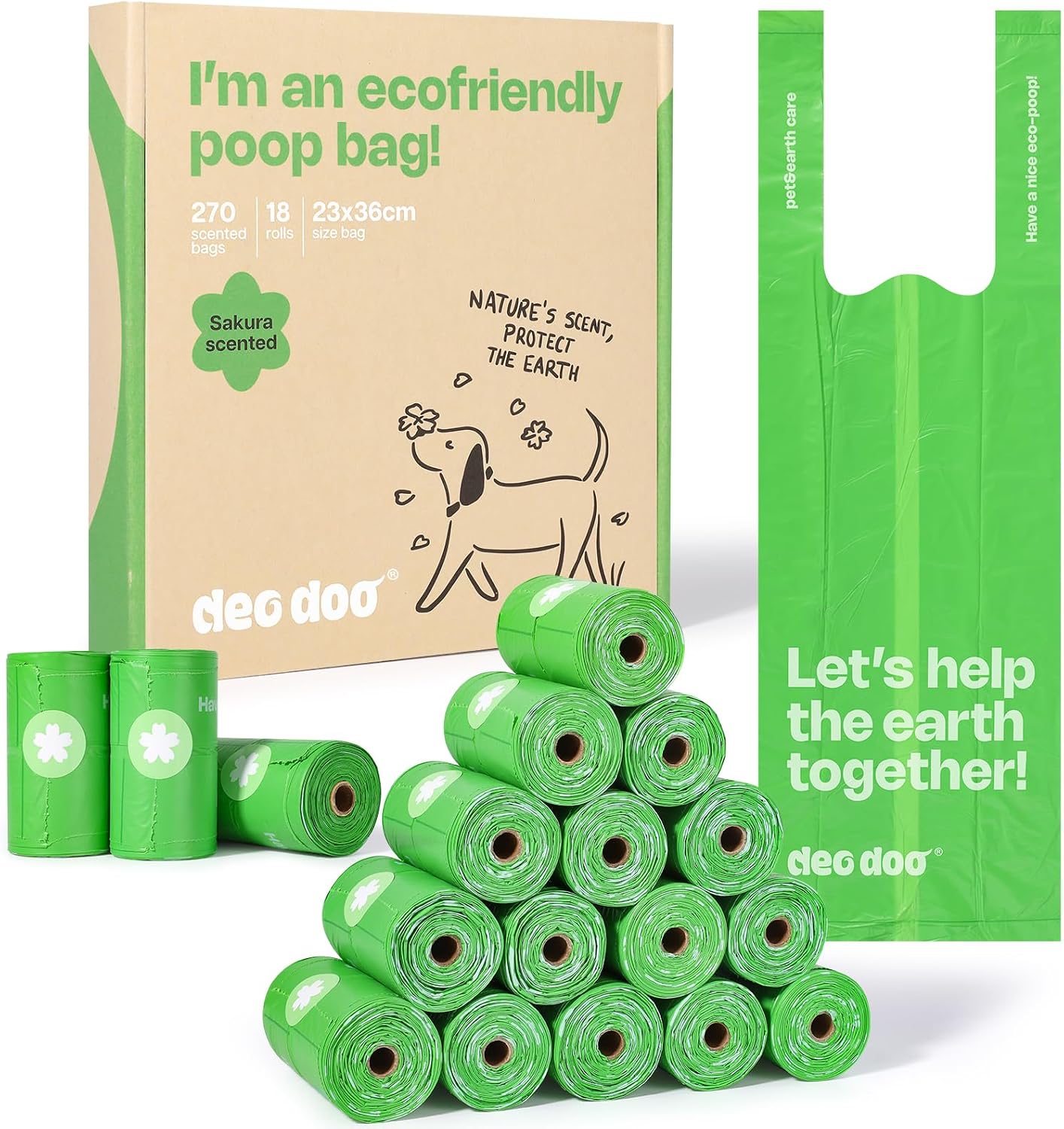 Deo Doo Poo Bags Dogs with Tie Handles Biodegradable Sakura Scented Poop Bags 270 Counts 18 Rolls Leak Proof and Extra Thick Waste Bags Refill Rolls for Cat Litters