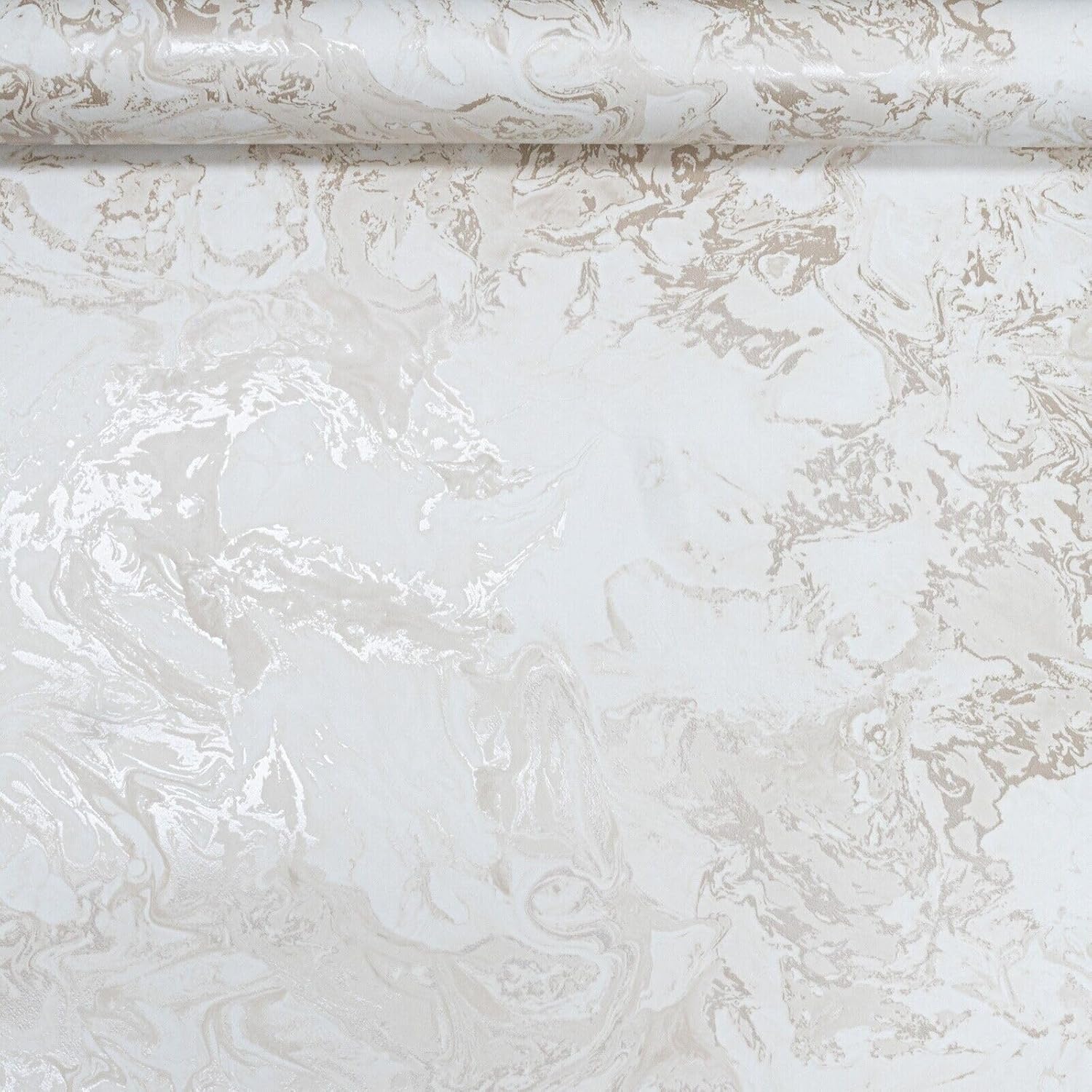 SOPHIE LAURENCE Cream Marble Metallic Wallpaper 10M X 0.53M - Elegant Ripple Liquid Swirl Effect with Gold Shimmer - Smooth Finish
