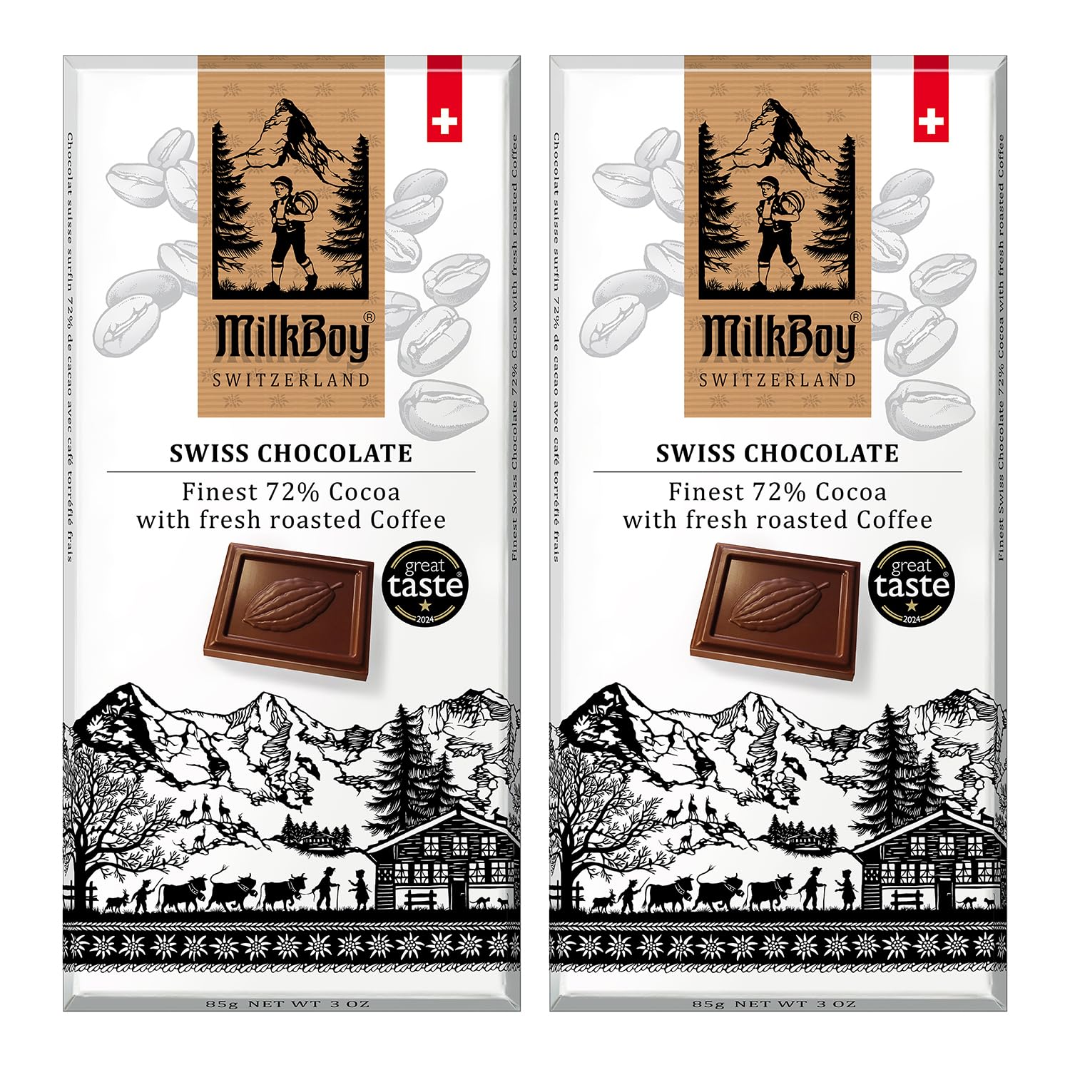 Milkboy Swiss Dark Chocolates with Coffee - 72% Cocoa - Gourmet Dark Chocolate Bars - Made in Switzerland - Gluten Free - Sustainably Farmed - Non GMO - Vegan - 3 oz, Pack 2