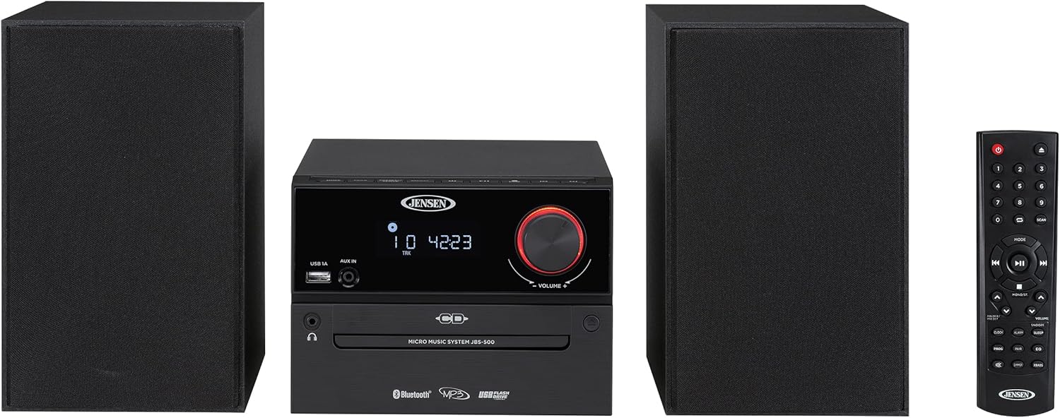 Jensen JBS-500 Modern Micro Bluetooth Music Stereo System & Bookshelf Speaker Pair Compact with CD/MP3 Player, Wireless Streaming, USB, FM Radio, 30 Watts, Remote Included - Platinum Black Exclusive