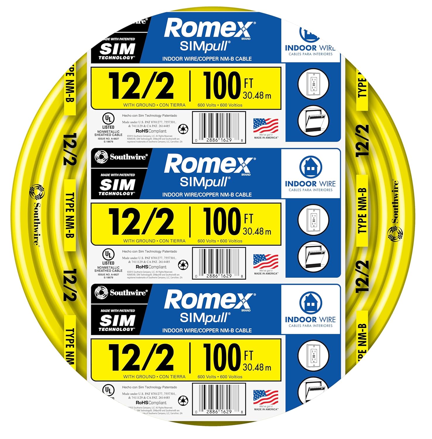 Southwire Romex Brand Simpull Solid Indoor 12/2 W/G NMB Cable 100ft coil - SW# 28828228