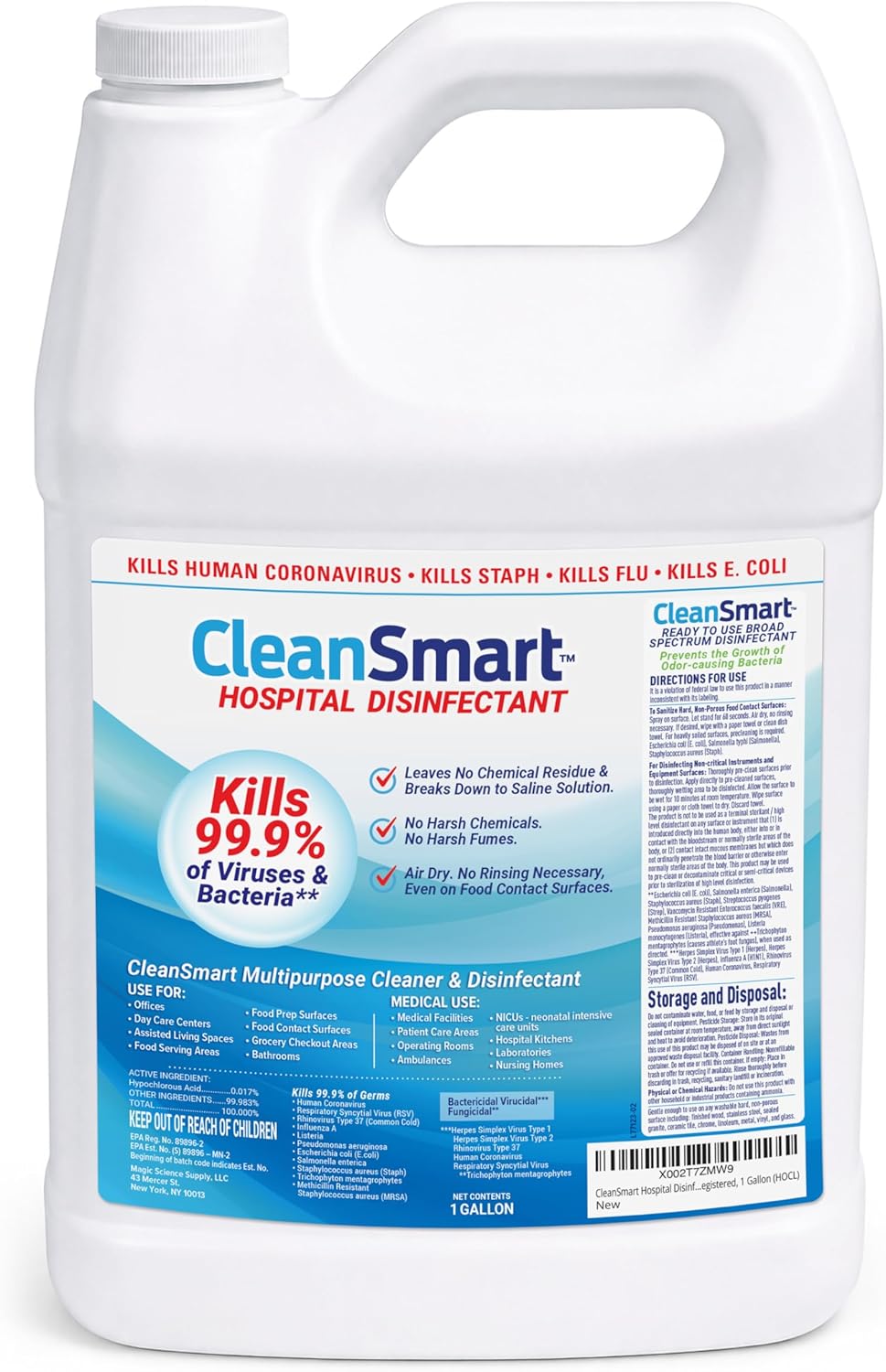 CleanSmart Hospital Disinfectant, Hypochlorous Acid Technology, 1 Gallon | Kills 99.9% of Viruses and Bacteria, EPA Registered, Professional Strength Sanitizer for Businesses, Schools, and Restaurants