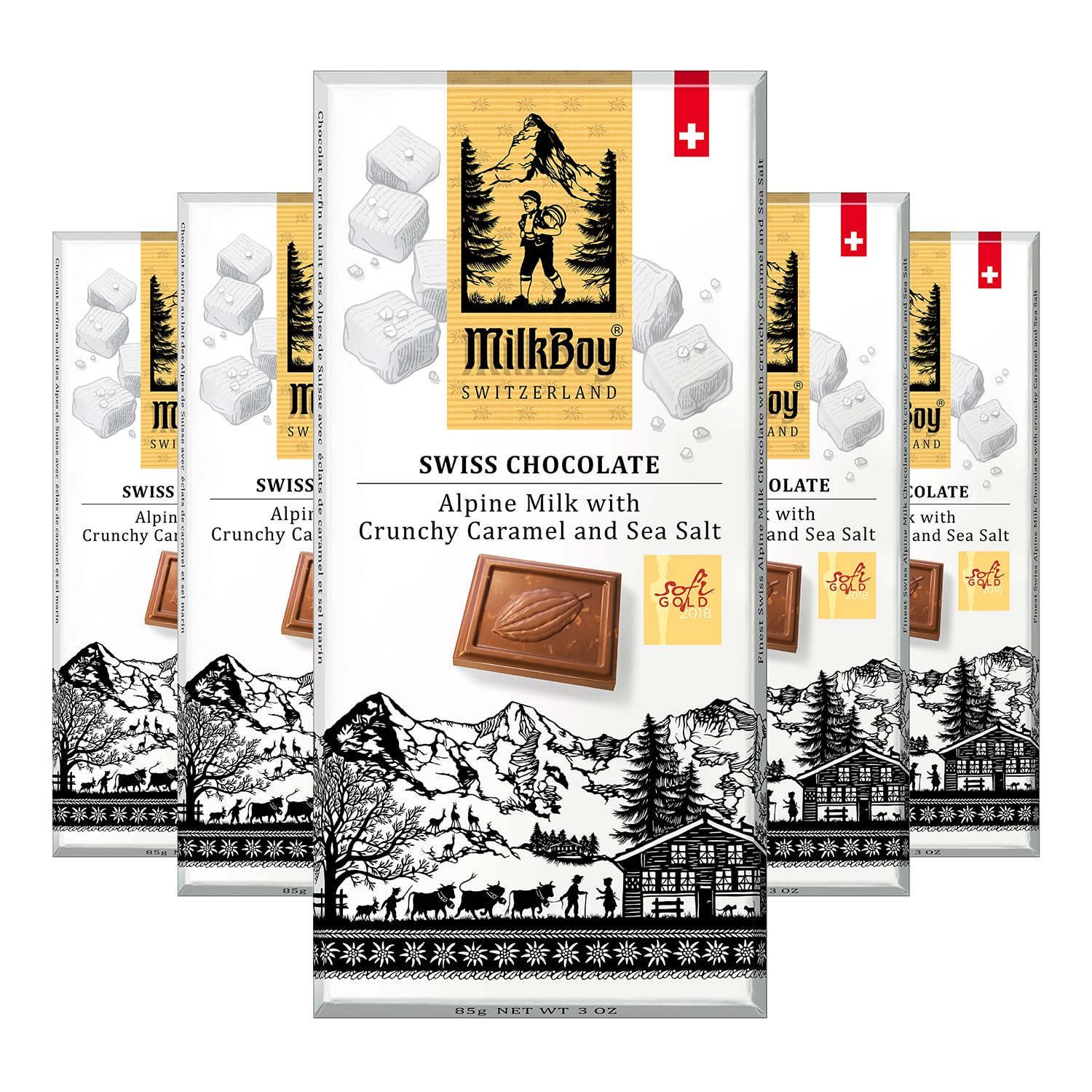 Milkboy Swiss Milk Chocolates - Alpine Milk Chocolate Bars with Crunchy Caramel Sea Salt - Gluten-Free Non-GMO All Natural - Made in Switzerland - 3 oz, Pack 5