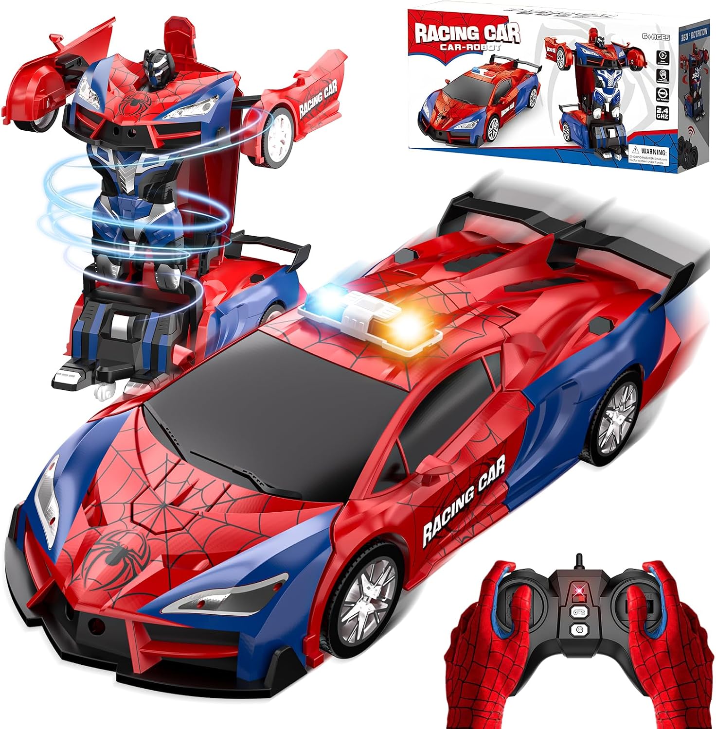 Spider Transform Remote Control Cars for Kids - 2.4GHz RC Police Car for 3 4 5 6 7 8 Year Old Boys, 1:18 Robot Toy Car with One-Key Transformation & 360° Rotation, Kids Christmas Birthday Gift Present