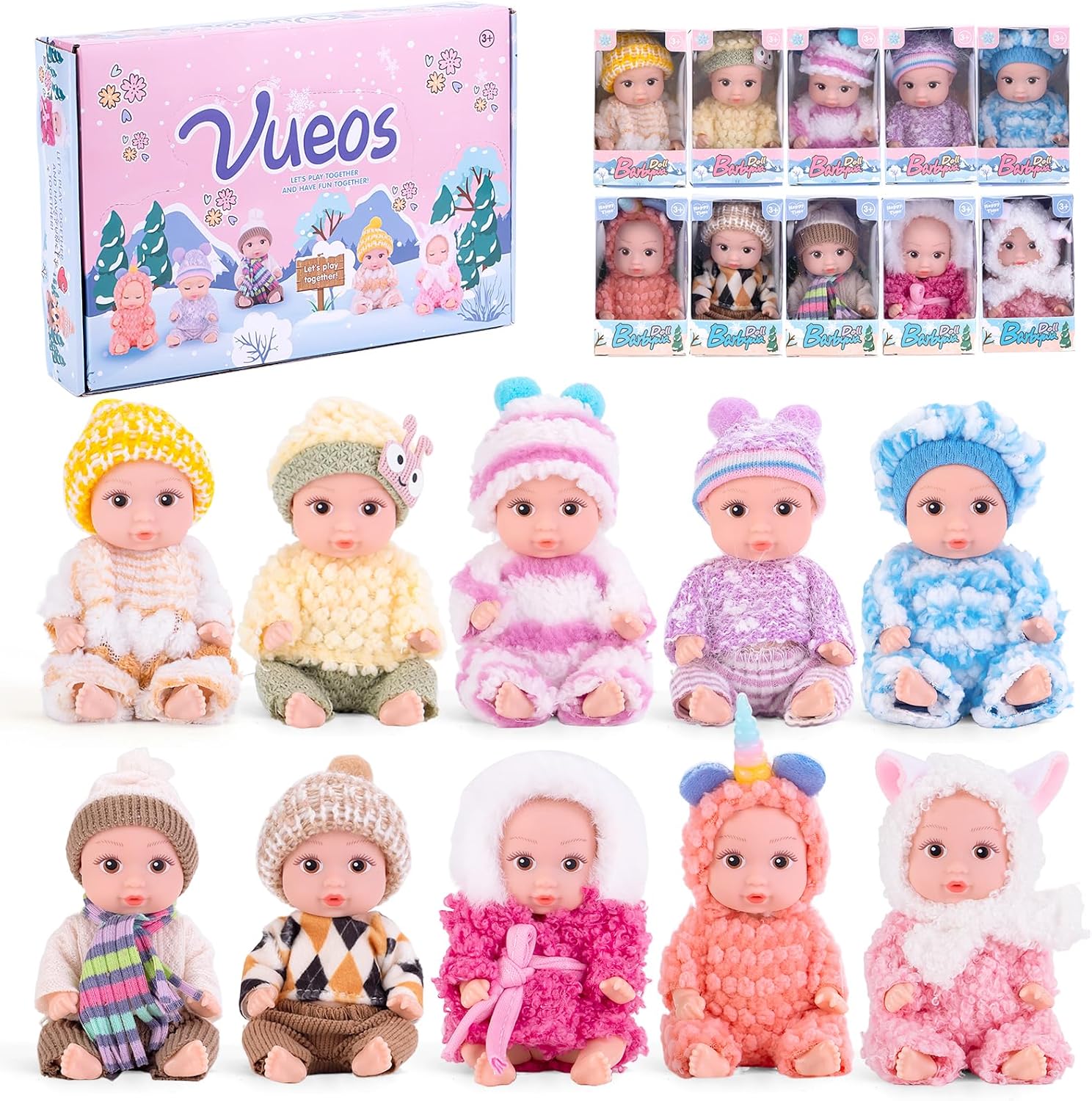 10pcs Set 4 Inch Reborn Baby Dolls - Open Eyes Realistic Baby Doll Toys for Kids, Mini Dolls Collection for 3+ Year Old Girls Boys