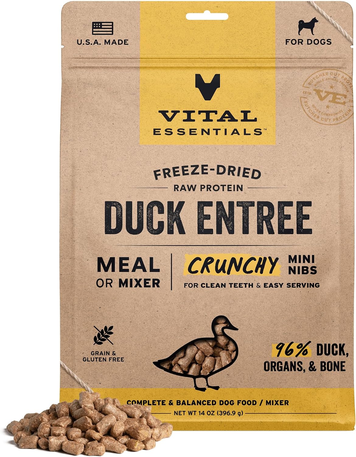 Vital Essentials Freeze Dried Dog Food, Duck Mini Nibs, 14 oz Bag | Crunchy, Complete Meal or Topper, Made With 96% Duck, Organs & Bone, High Protein Raw Nutrition, Grain-Free Recipe