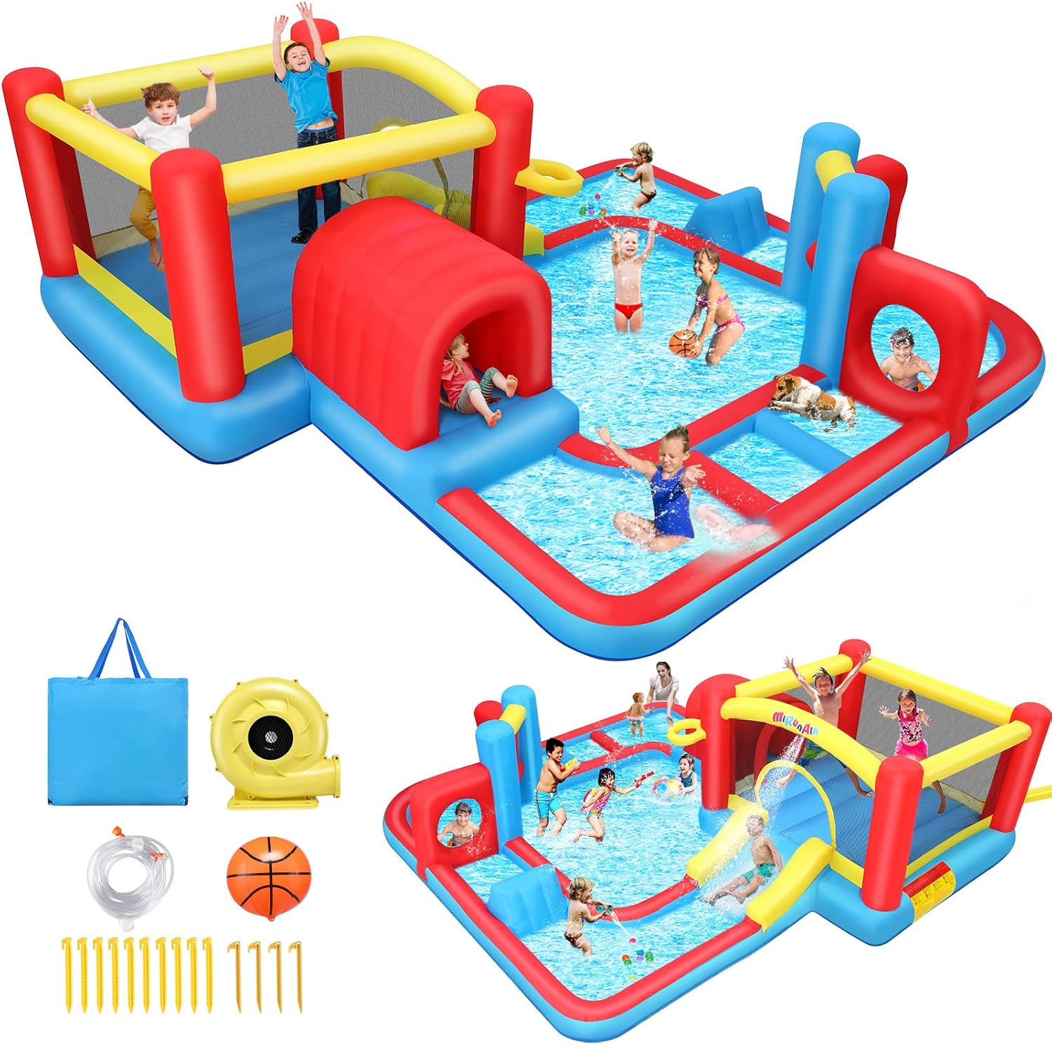 Whubefy 14.3x14.3Ft Inflatable Water Slide Bounce House for Big Kids 8-12 3-6,Large Obstacle Course Bounce Houses w/Waterslide, Pool,Sprinkler, Blow up Water Slides Park for Kids Backyard with Blower