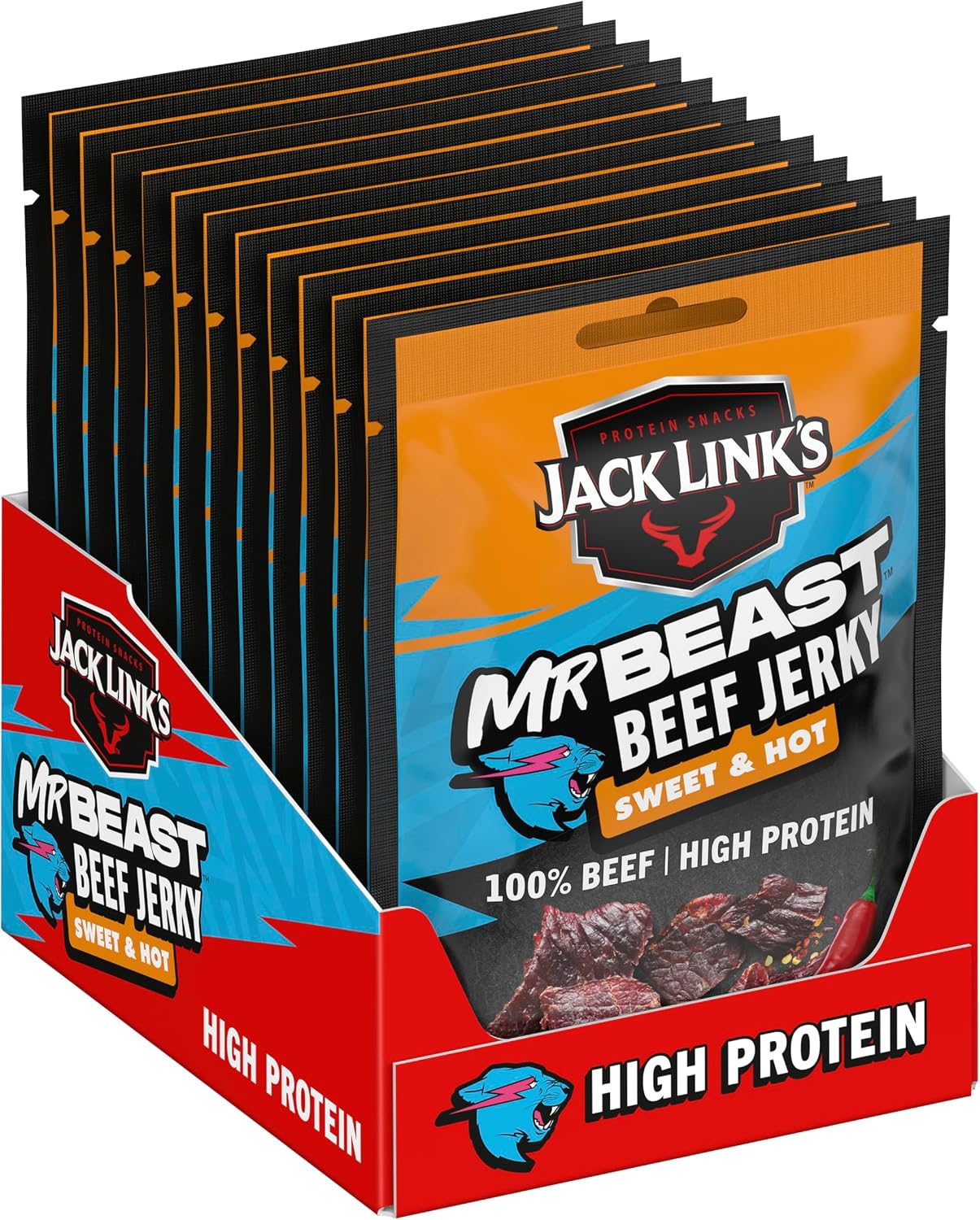 Jack Link's Beef Jerky, Sweet & Hot Flavour, Multipack of 12 x 25g Bags, High Protein Meat Snack, Sweet Seasoning and Hot Spices