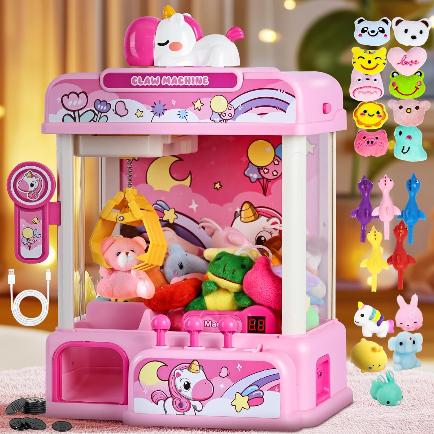 CWLAKON Claw Machine for Kids, Candy Grabber Catching Machine Unicorn Toys with Sound & 20 Mini Toys, Mini Vending Sweet Dispenser Grab Machine Arcade Games for Girls Boys Christmas Birthday Gift Pink