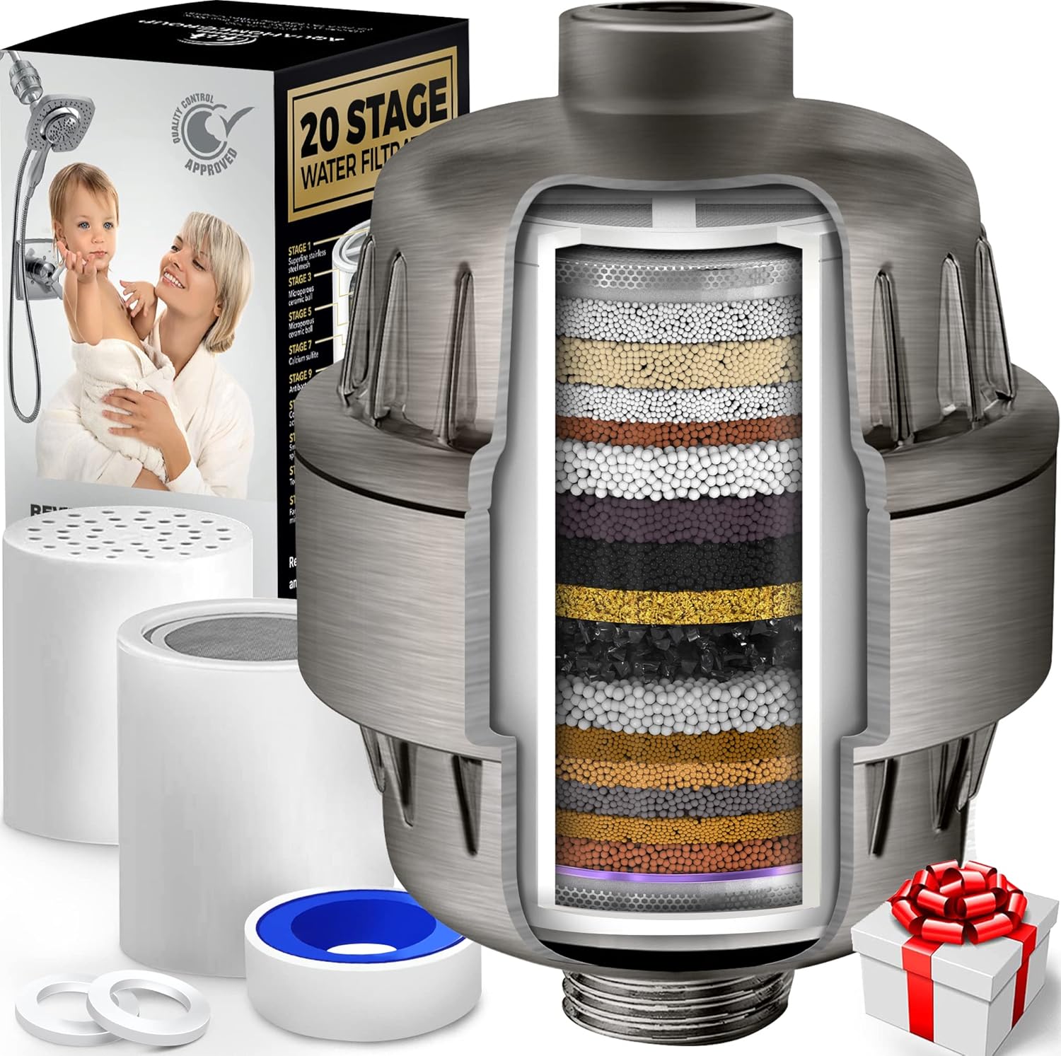 AquaHomeGroup 20 Stage Shower Head Filter with Vitamin C E A for Hard Water - High Output Filter to Remove Chlorine and Fluoride - 2 Replacement Cartridges - Consistent Flow Showerhead Filter