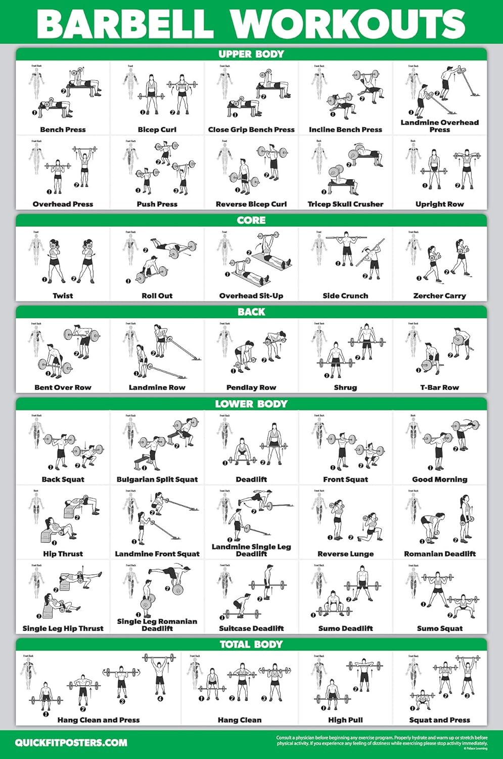 Palace Learning QUICKFIT Barbell Workout Exercise Poster - (Laminated, 18in x 24in) for Kids Room