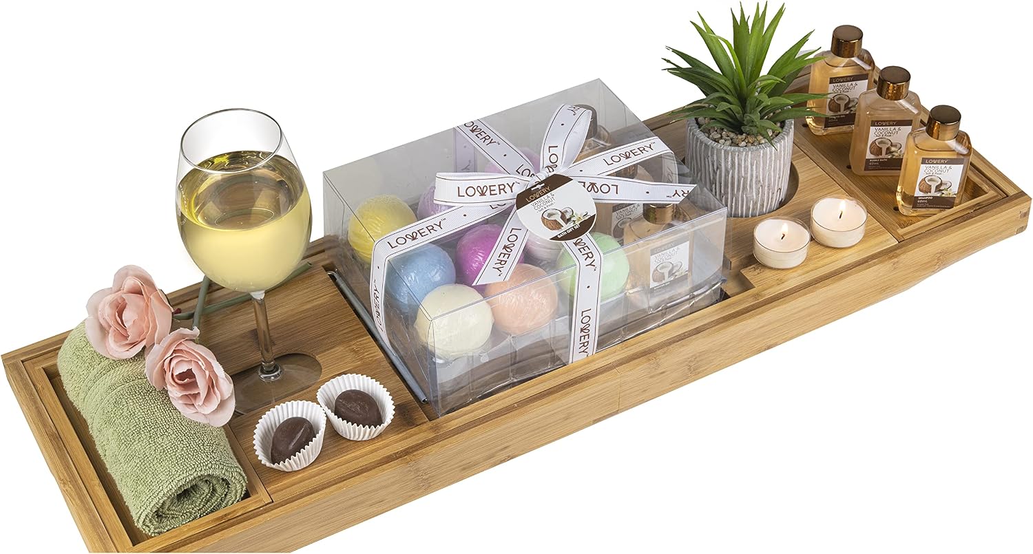 Birthday Gifts from Son, Premium Bamboo Bathtub Caddy Tray Gift Set with Bath Bombs, Shower Gel, Shampoo & Bubble Bath, Luxury Bathtub Tray with Book & Wine Holder, Expandable Tray to Fit Any Tub