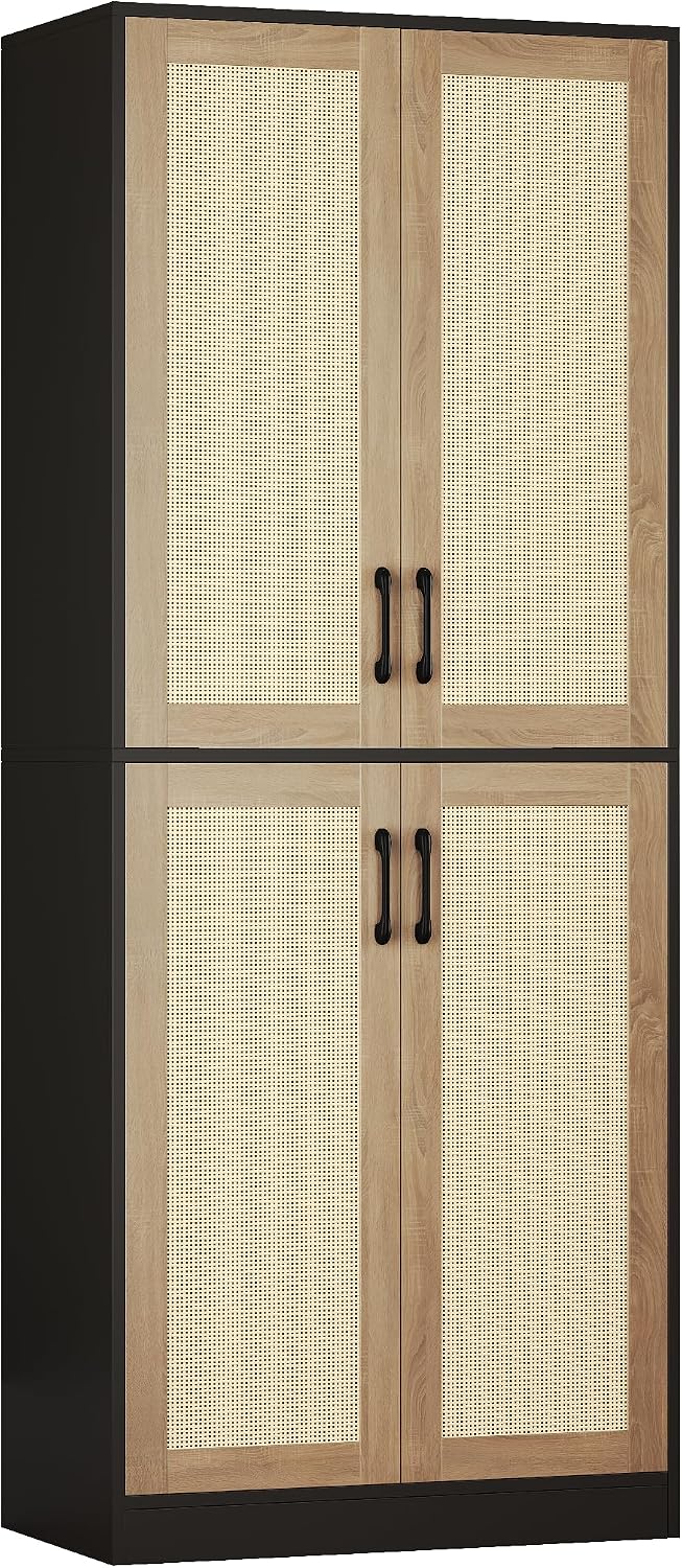 Storage Cabinet - Kitchen Pantry Cabinet, Rattan Cabinet, Tall Storage Cabinet with 4 Doors and Adjustable Shelf, Freestanding Cupboard for Kitchen, Bathroom, Laundry, Utility Room, Black, 67" H