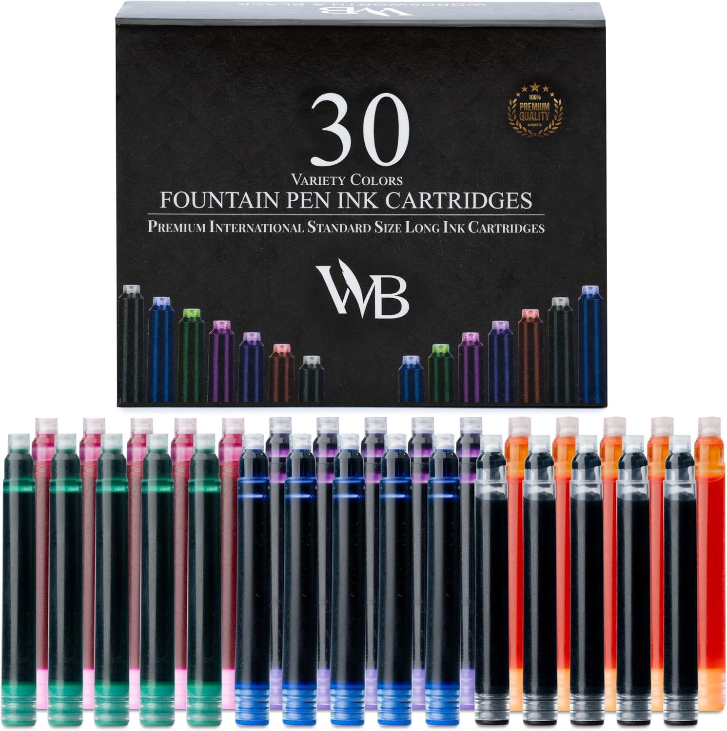 Wordsworth & Black Fountain Pen Ink Refills - Set of 30 Assorted Colors Ink Cartridges - International Standard Size - Length APPR 5.2 cm - Base Diameter APPR 0.6 cm - Disposable and Generic