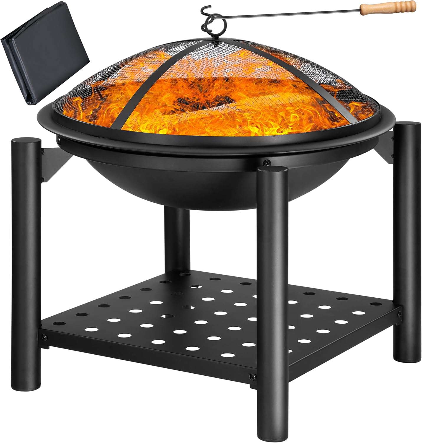 GARDEBRUK® Garden Patio Fire Pit with Cover & Poker | 55cm Diameter | Outdoor Fire Bowl with Protective Spark Guard, Wood Handle Poker and Storage Shelf | Parties Camping Festivals