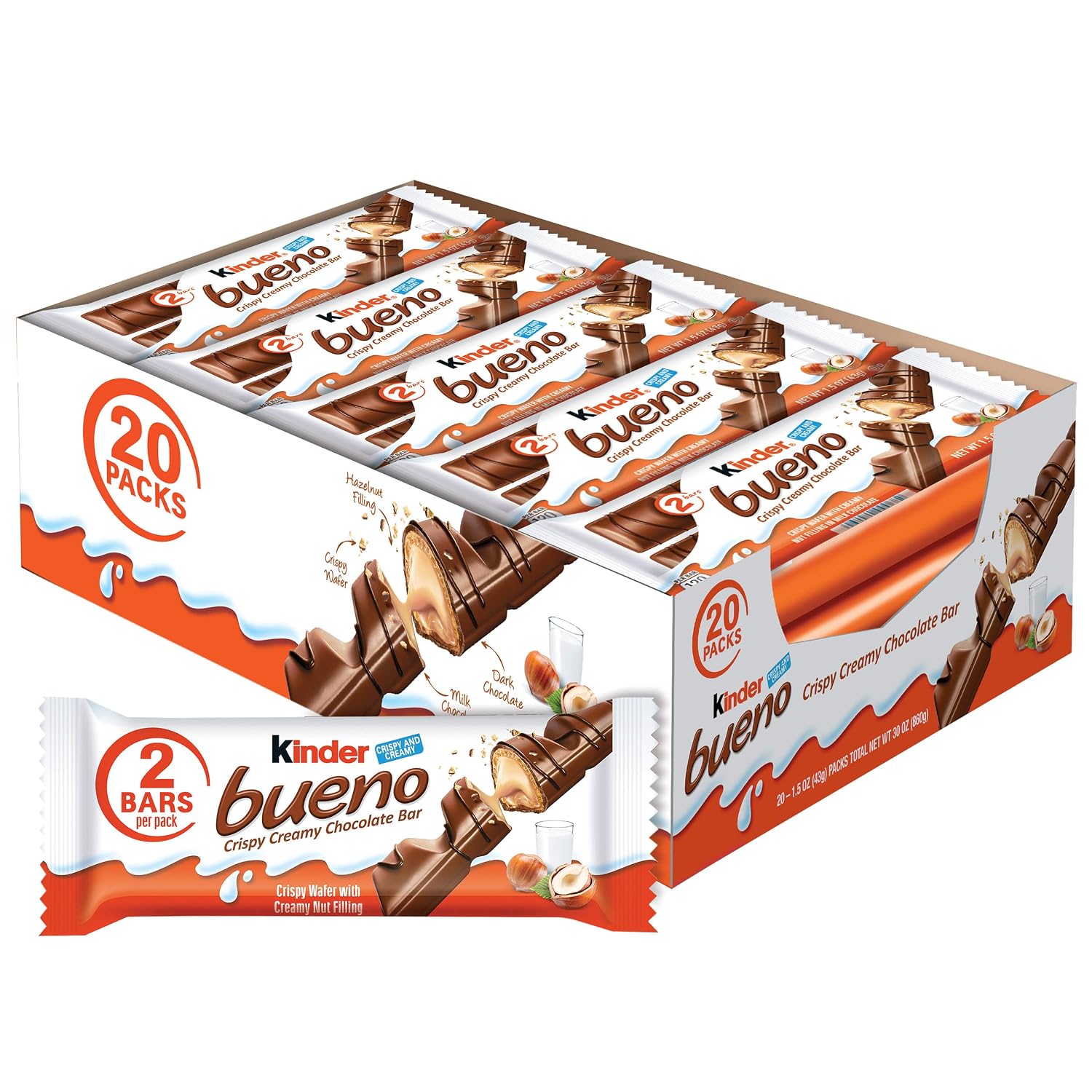 Kinder Bueno Milk Chocolate Bars with Crispy Wafer and Hazelnut Cream, 20 Count, 2 Bars per Pack, 1.5 oz Each