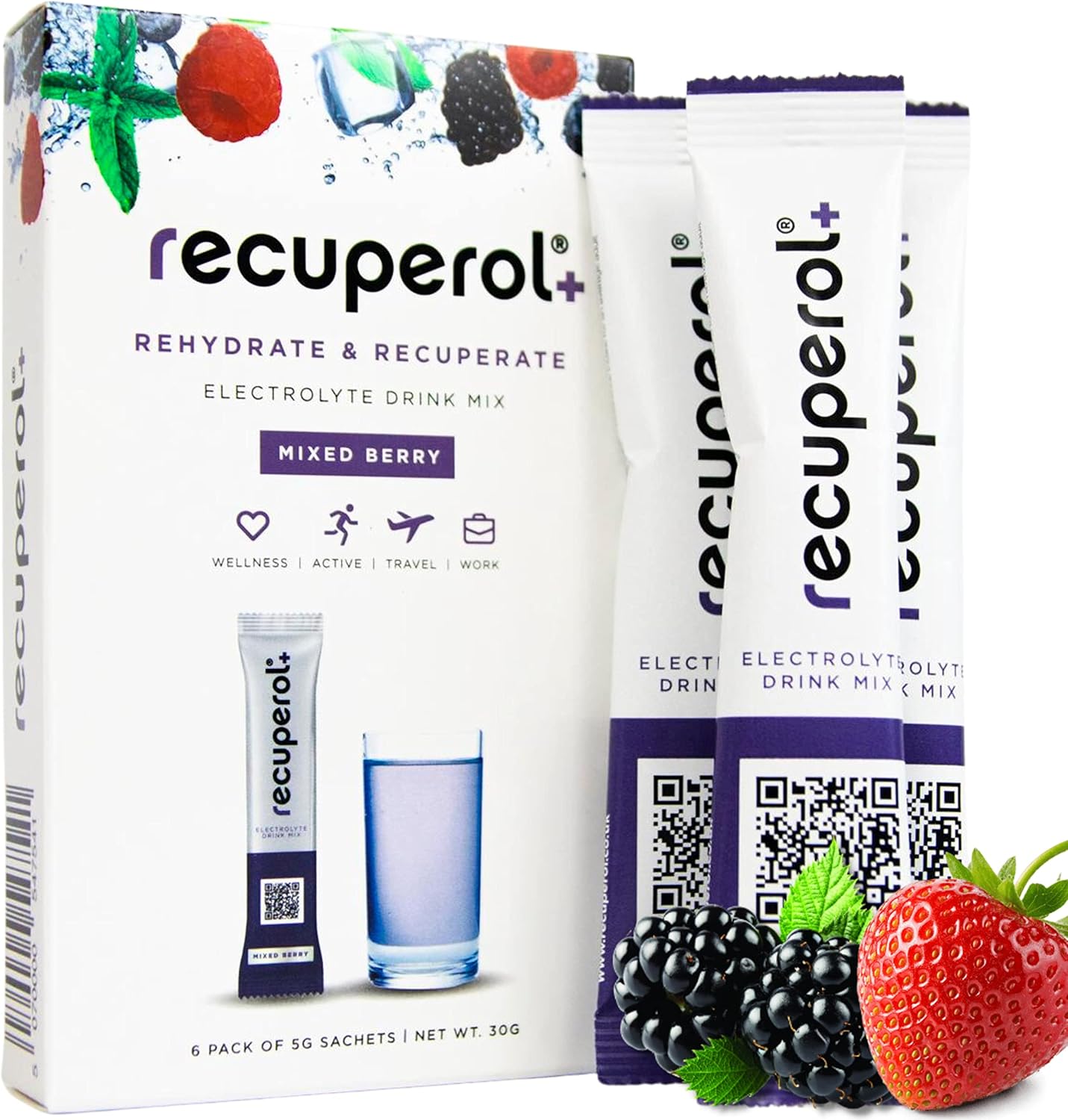 Recuperol Rehydration & Recovery Electrolytes Powder Supplement for Dehydration, Replace Electrolytes (Mineral Salts) & fluids, Zinc, Vitamin C, B12, D3, Potassium, Mixed Berry - 6 Sachets