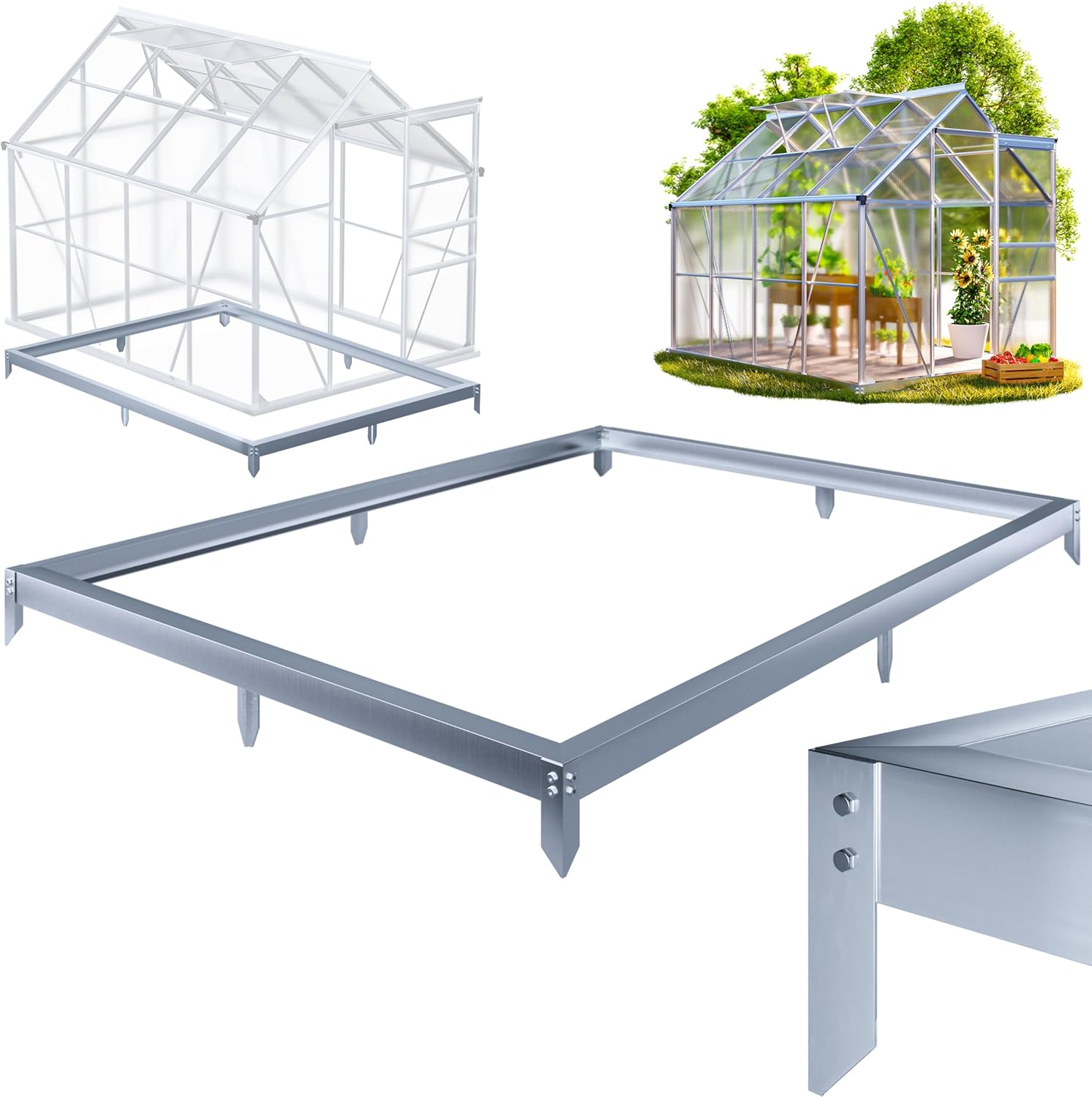 Gardebruk® 6x8ft Greenhouse Base | Galvanised Steel Foundation Frame with Ground Anchors | 250x190cm | Sturdy Rust-Proof Garden Green House Fixing Weather Resistant