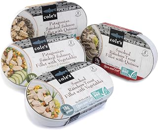 COLE’S Open & Eat Meals Variety Pack | 5.6 oz Hand-Packed Smoked Salmon & Trout with Quinoa & Vegetables | Ready to Eat Meals | High Protein, 4 Cans