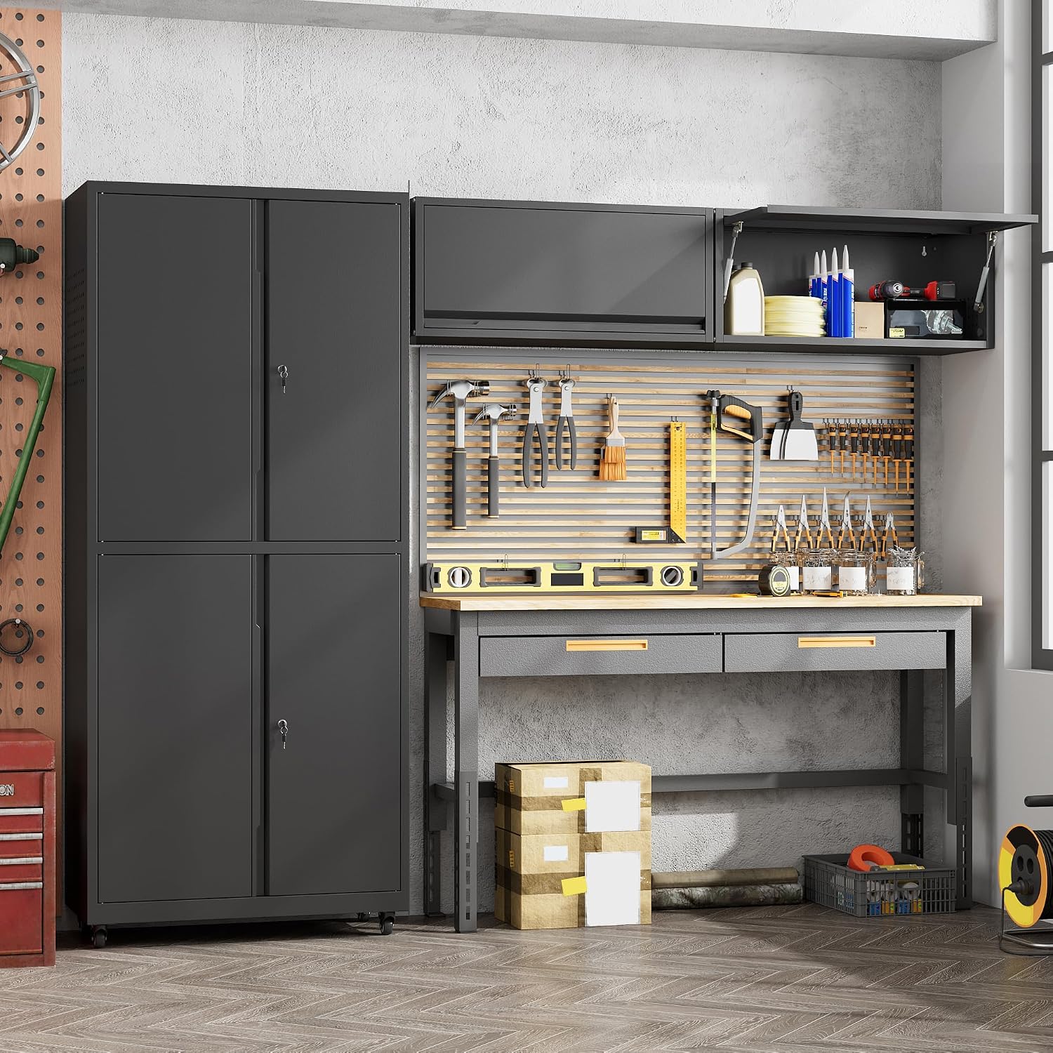 Garage Storage Cabinets System, 3-Pcs Workshop Cabinet Set in Black, Locked Garage Storage Cabinet, Perfect for Organizing Garage and Tools, Requires Assembly (Black, 3PCS-A-1)