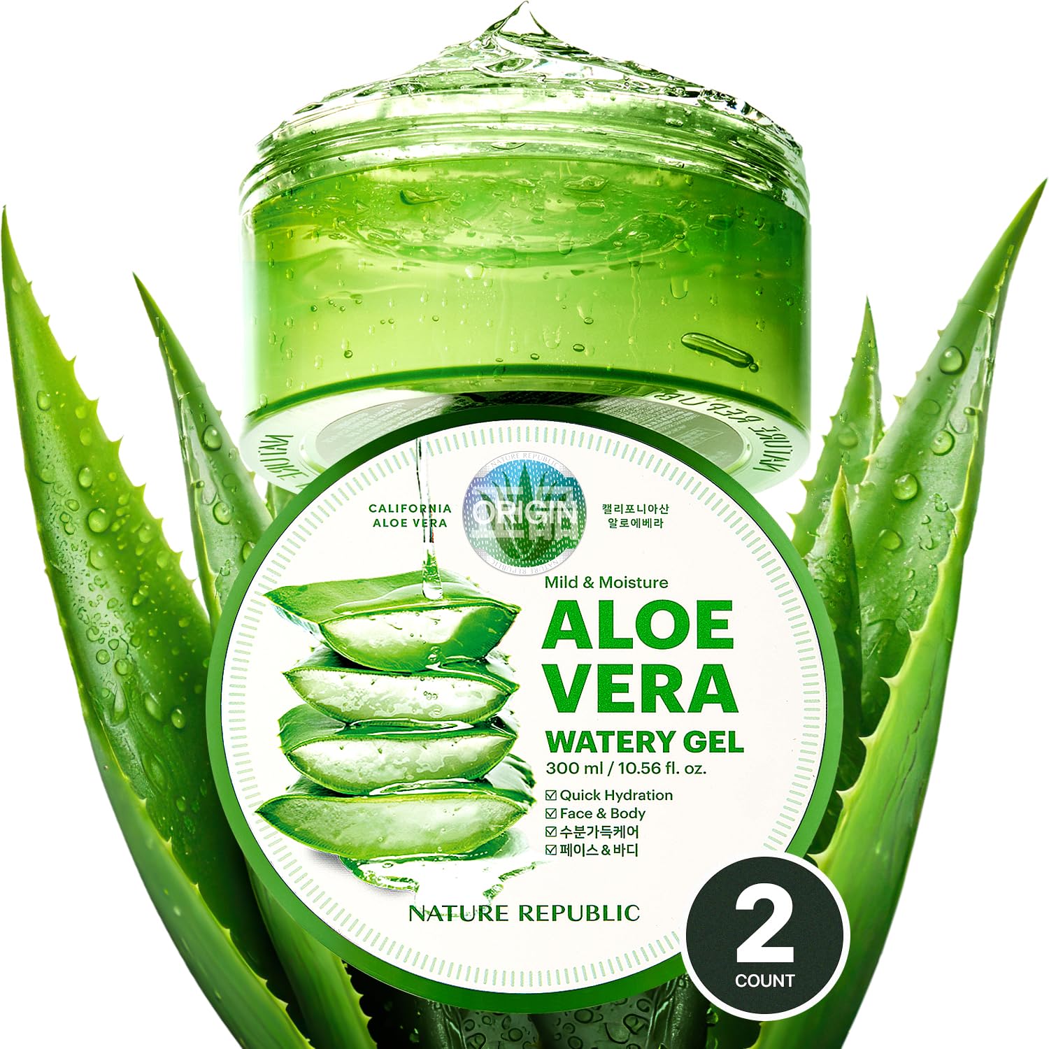 Nature Republic MILD & MOISTURE ALOE VERA WATERY GEL (2 PCS) Quick Hydration & fast absorbing non-sticky texture, Aftersun & Aftershave, Moisturizing Face Skin & Hair,korean skin care All Skin Types