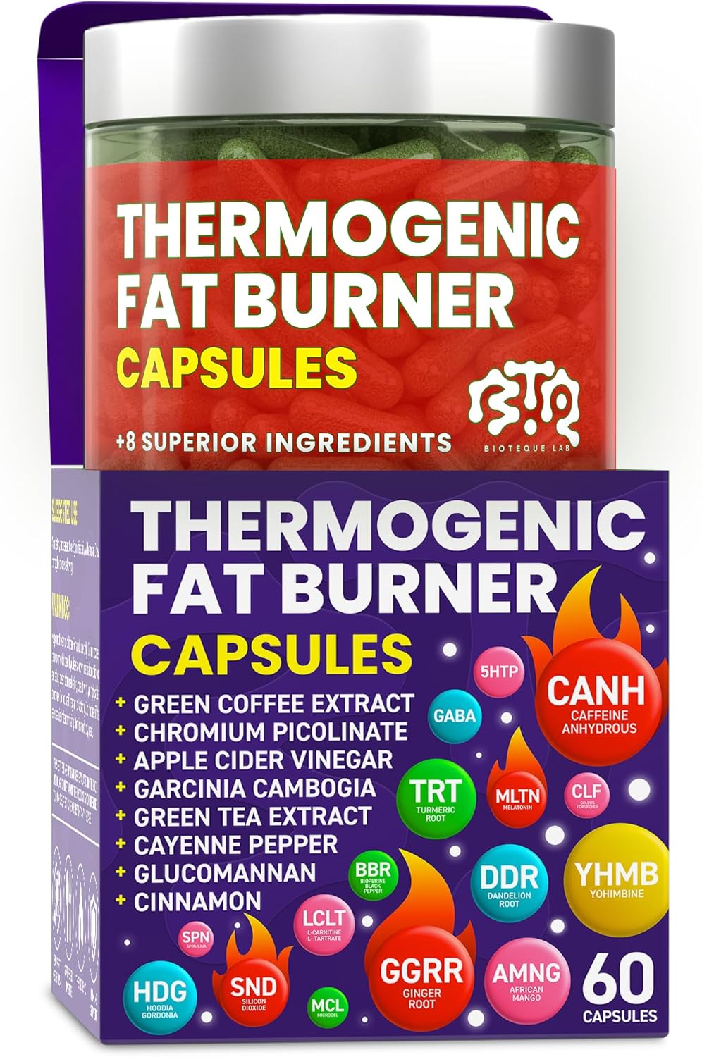 Thermogenic Fat Burner Capsules - Weight Loss Pills for Women & Men, Appetite Suppressant, Metabolism Booster - Green Tea, Coffee Extract, Garcinia Cambogia - Diet Pills for Weight Loss - 60 Capsules