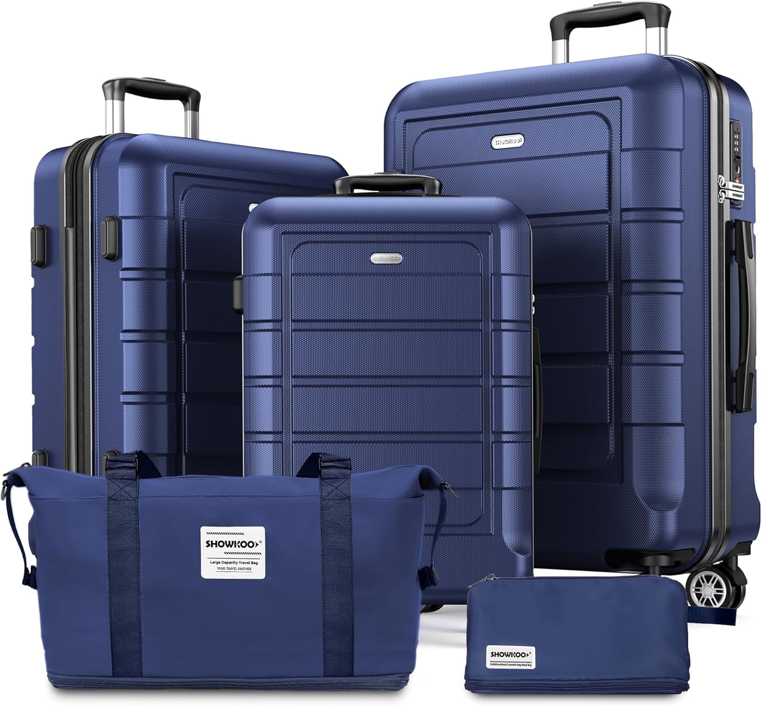 SHOWKOO Suitcase Sets 5 Piece Hardshell ABS+PC Expandable Lightweight Durable Travel Luggage with Travel Duffels Bag + Toiletry Bag -Blue