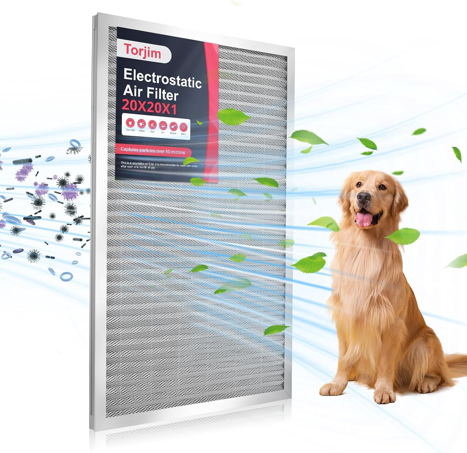 Torjim 20x20x1 Air Filter-MERV8, Washable & Reusable Electrostatic Air Filter, AC/HVAC Furnace Filter, Permanent Air Filter, Breathe Fresher, Easy Install
