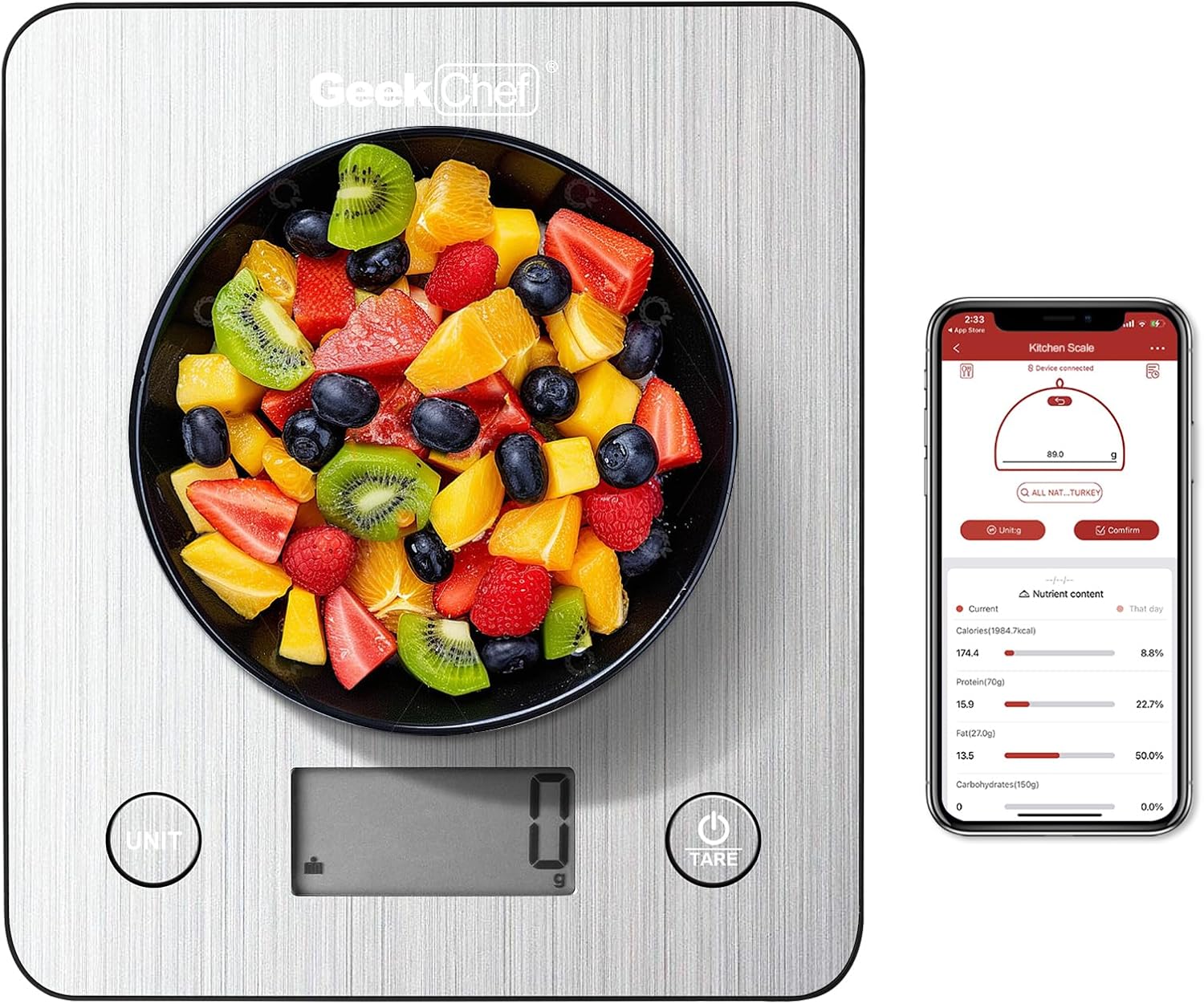 Geek Chef Food Scale,Smart Food Nutrition Scale, Scale for Food Weight Loss,Digital Kitchen Scales,Kitchen Tools for Baking, Cooking,Meal Prep,Weight Loss,1g/0.1oz Precise Graduation, Stainless Steel