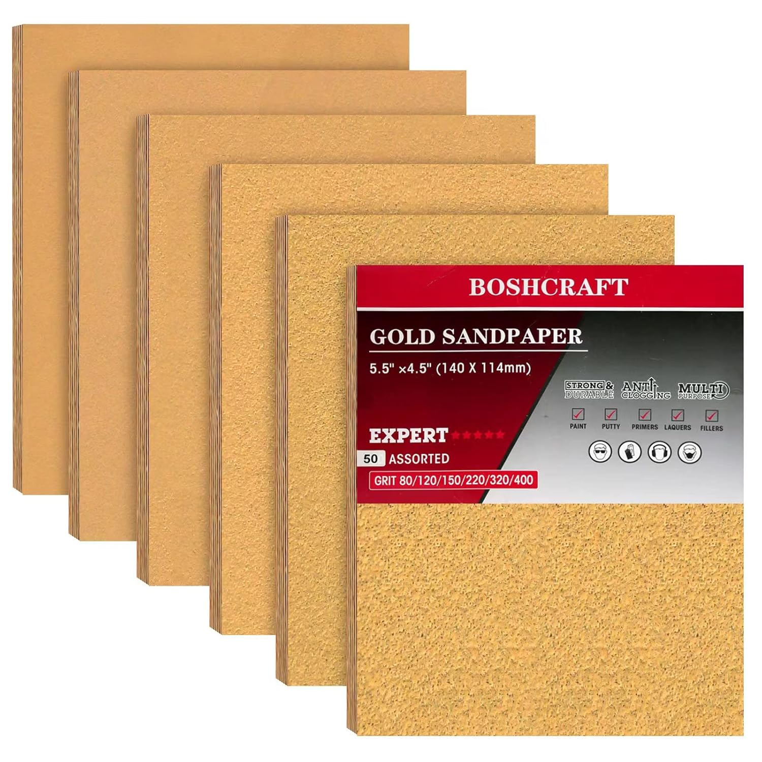50 Pcs 1/4 Sheet Sandpaper, Premium Sand Paper 80/120/150/220/320/400 Grit Sandpaper Sheet Sand Paper Assortment for Wood Metal Automotive Palm Sanders 5.5" x 4.5"
